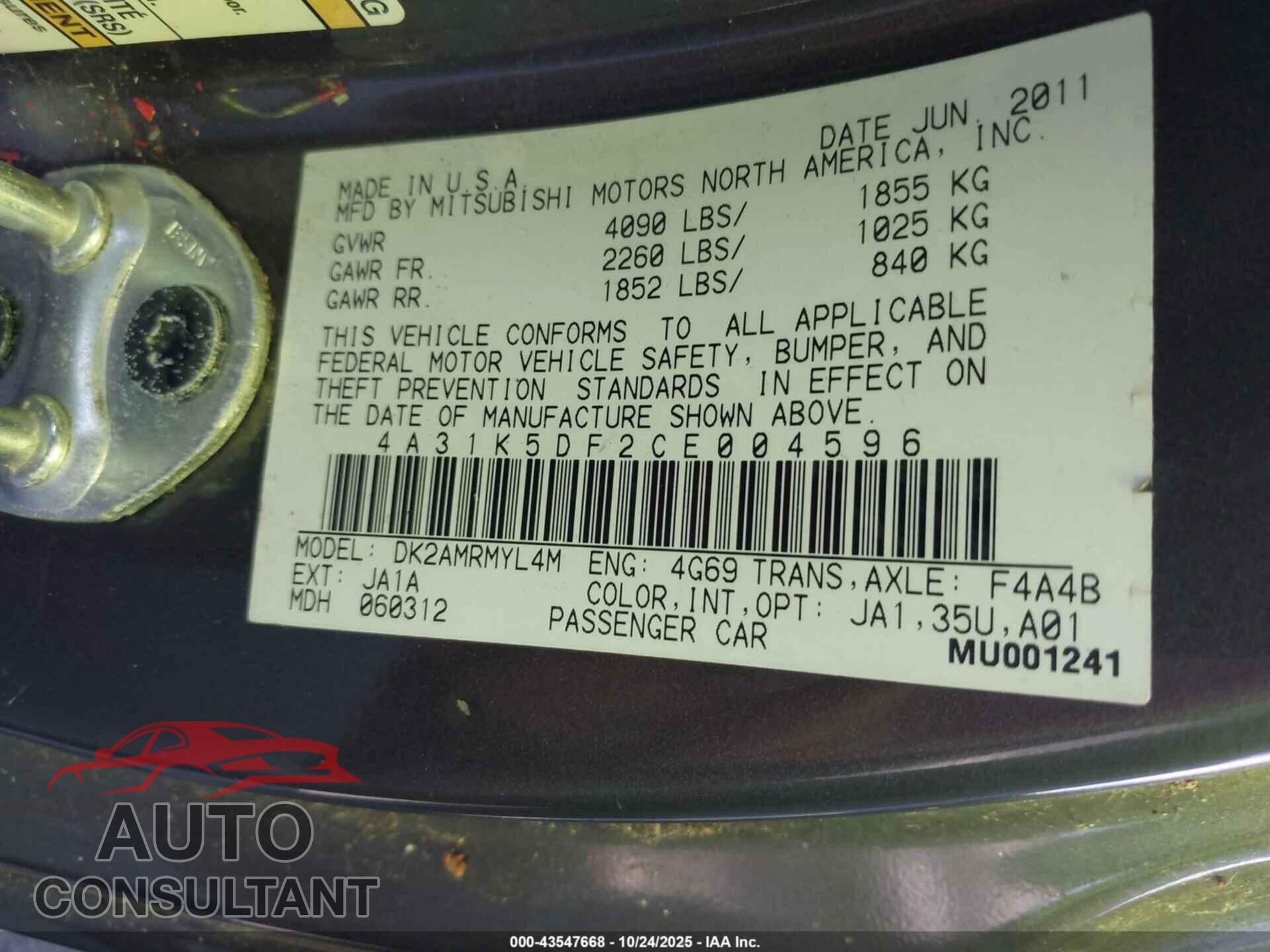 MITSUBISHI ECLIPSE 2012 - 4A31K5DF2CE004596