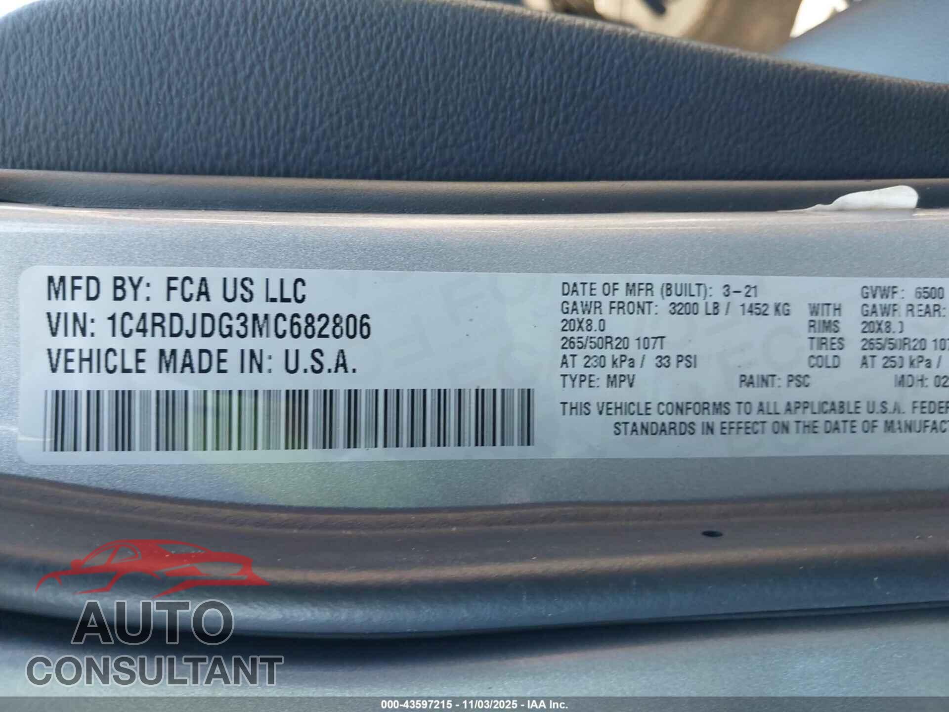 DODGE DURANGO 2021 - 1C4RDJDG3MC682806