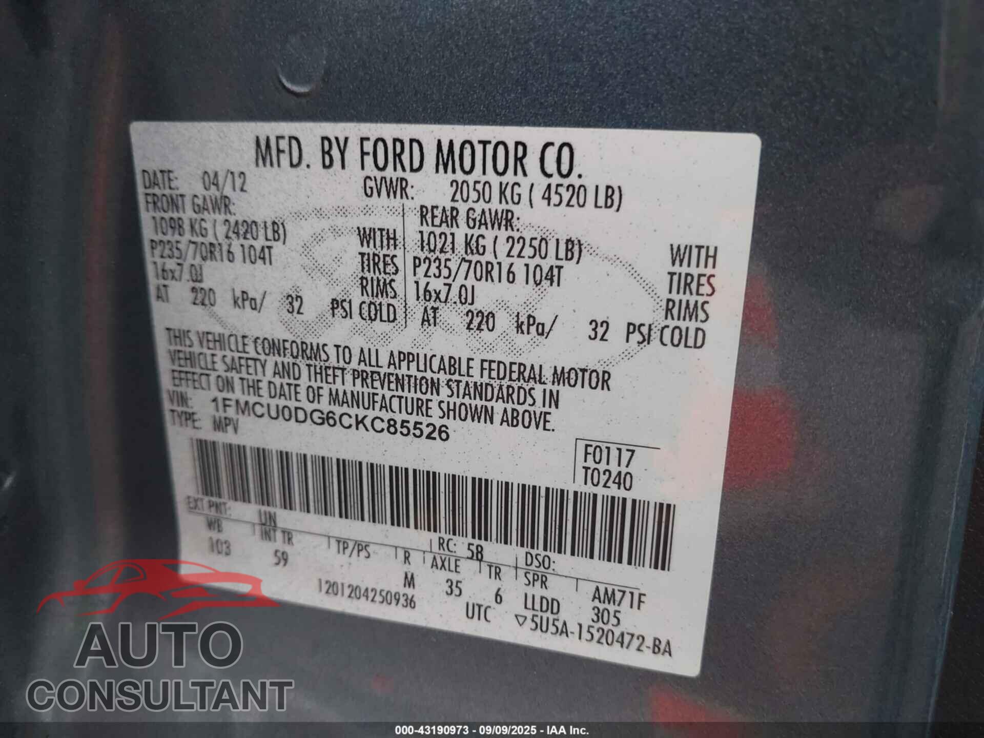 FORD ESCAPE 2012 - 1FMCU0DG6CKC85526