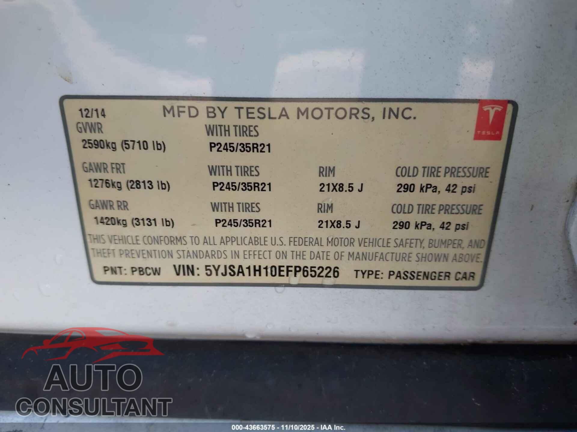TESLA MODEL S 2014 - 5YJSA1H10EFP65226