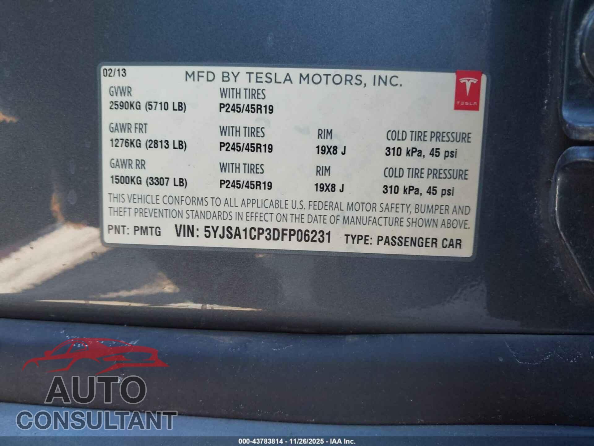 TESLA MODEL S 2013 - 5YJSA1CP3DFP06231