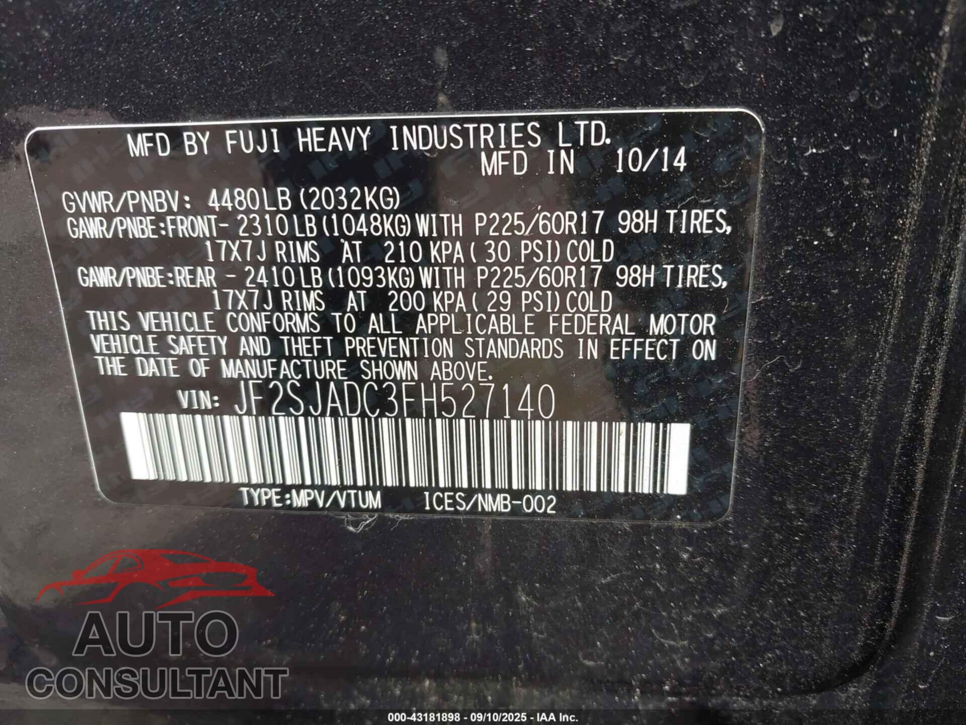 SUBARU FORESTER 2015 - JF2SJADC3FH527140