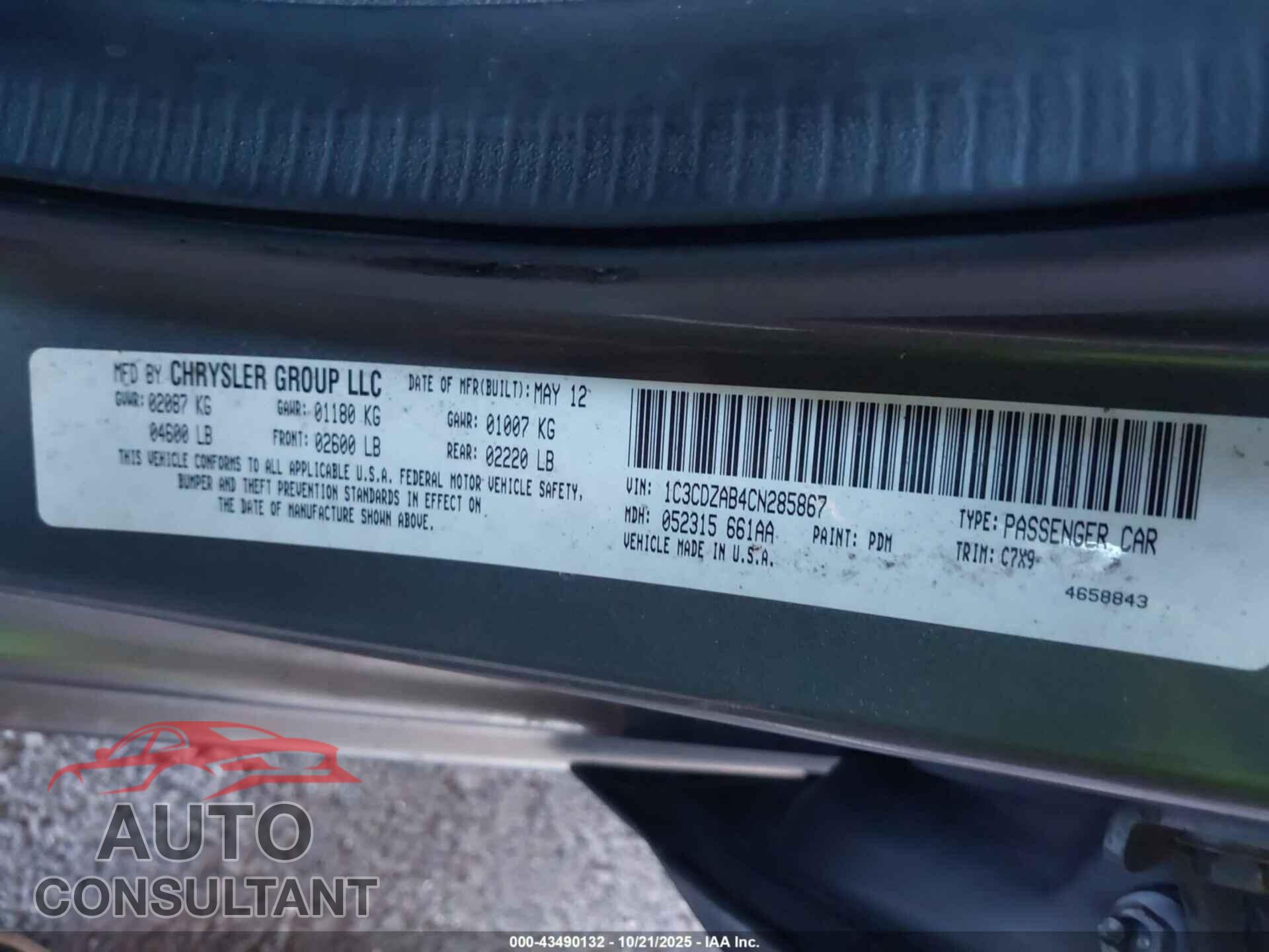 DODGE AVENGER 2012 - 1C3CDZAB4CN285867