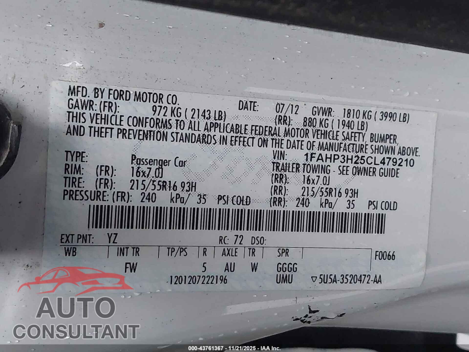 FORD FOCUS 2012 - 1FAHP3H25CL479210