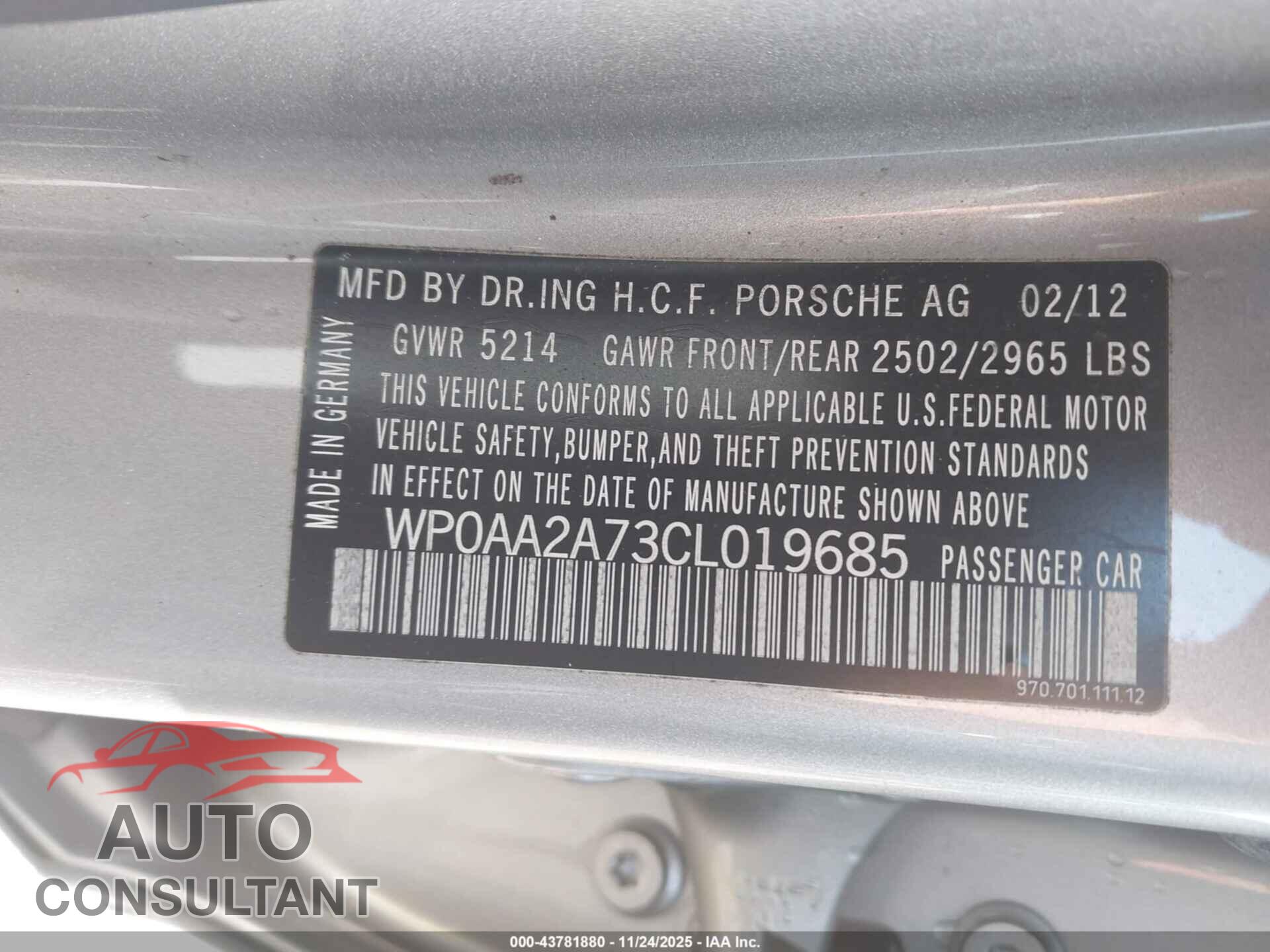 PORSCHE PANAMERA 2012 - WP0AA2A73CL019685