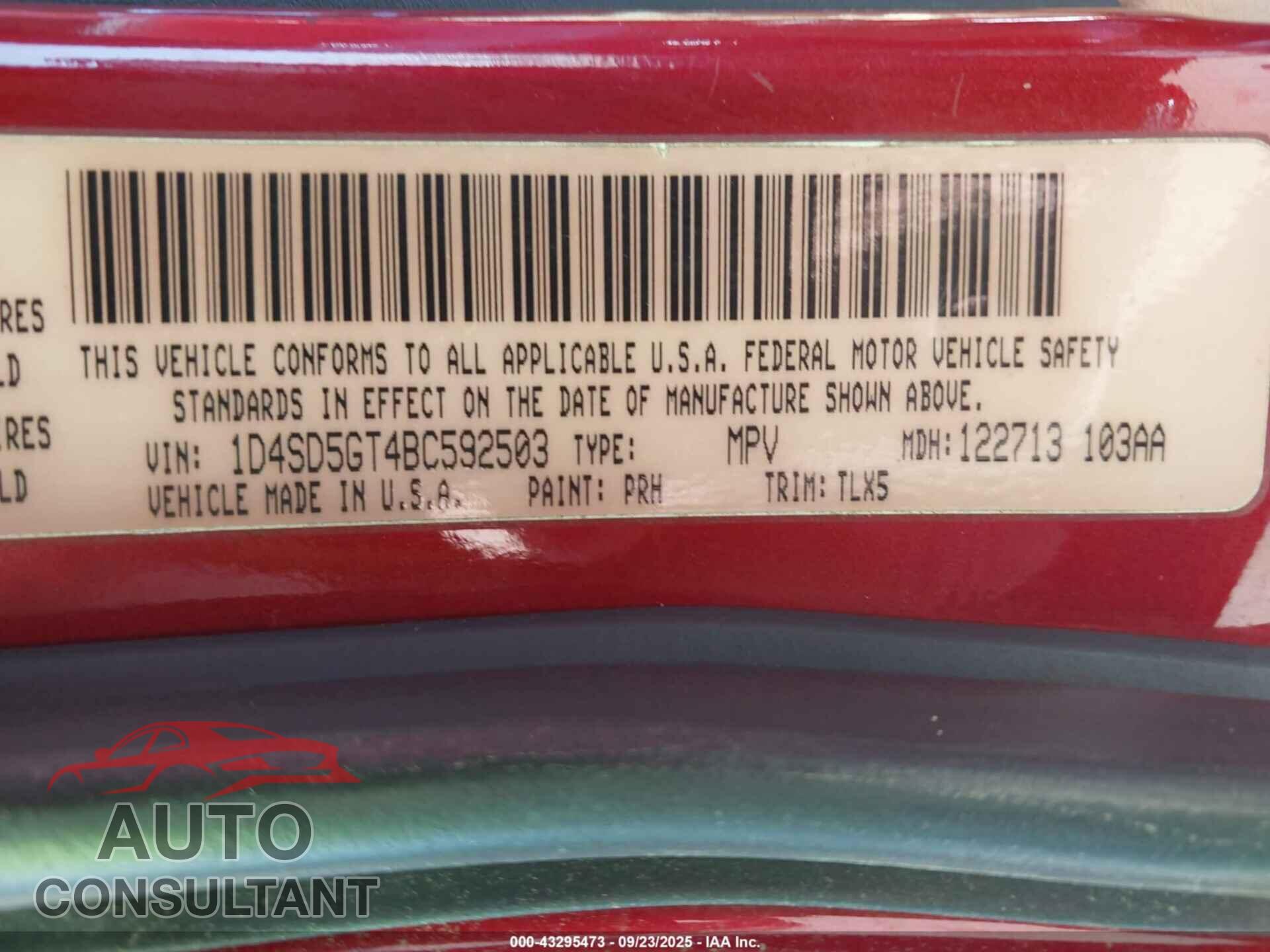 DODGE DURANGO 2011 - 1D4SD5GT4BC592503