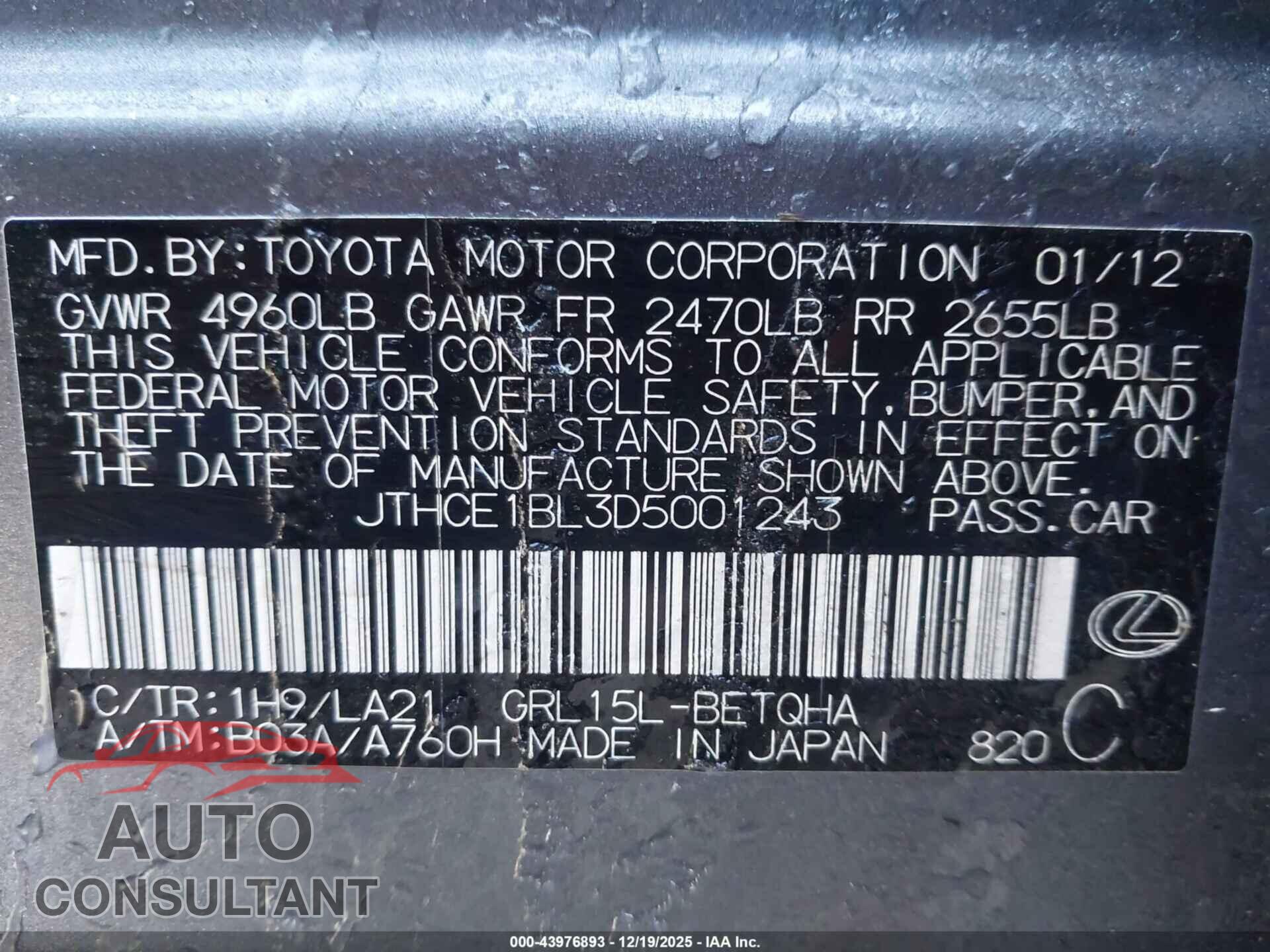 LEXUS GS 350 2013 - JTHCE1BL3D5001243