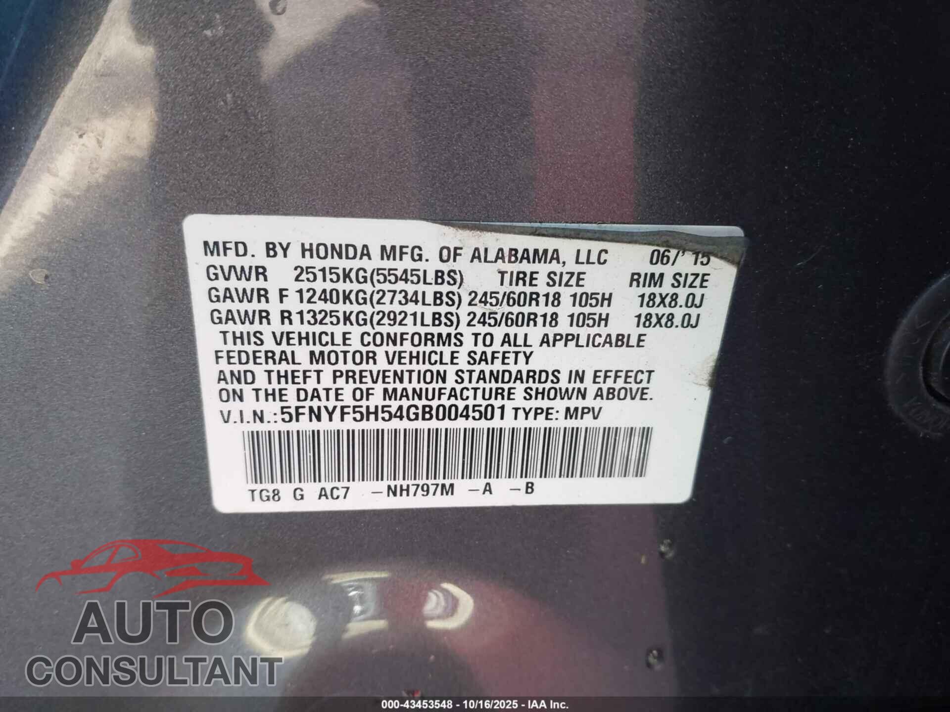 HONDA PILOT 2016 - 5FNYF5H54GB004501