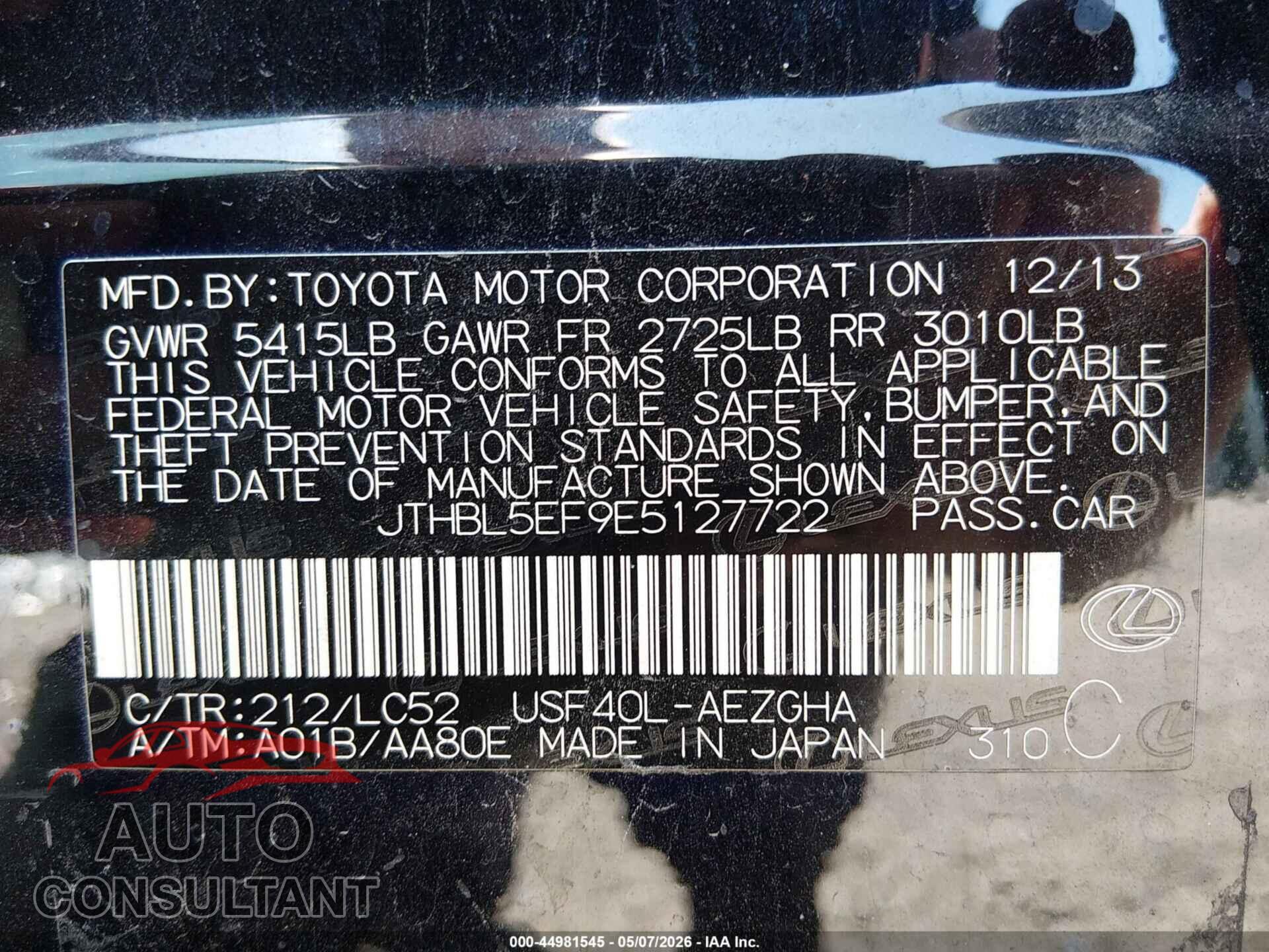 LEXUS LS 460 2014 - JTHBL5EF9E5127722