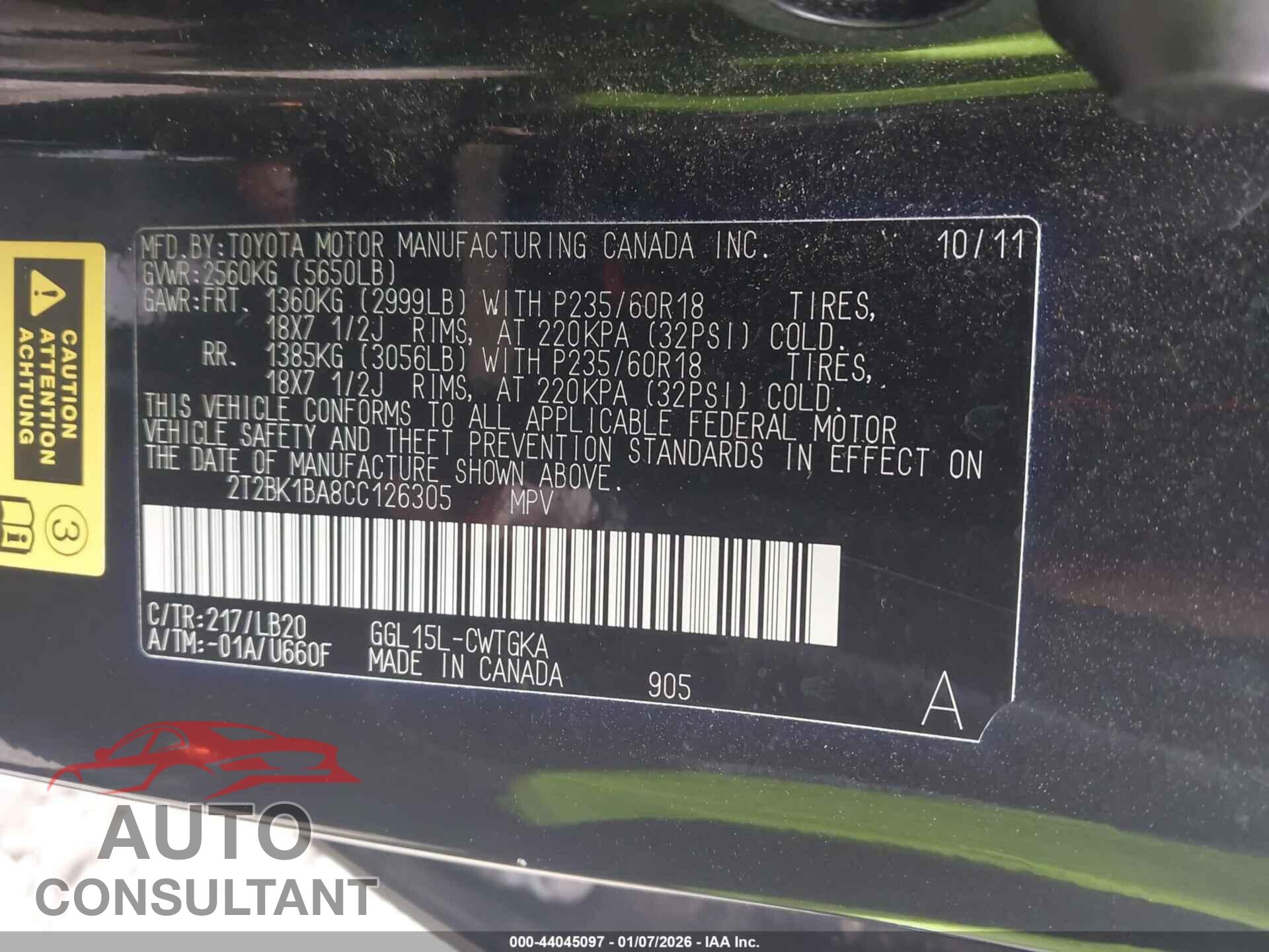 LEXUS RX 350 2012 - 2T2BK1BA8CC126305