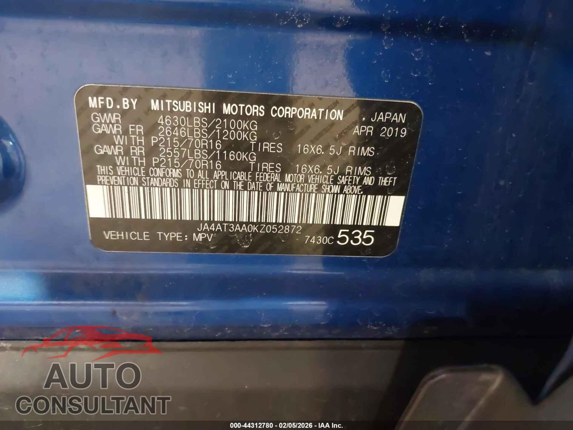 MITSUBISHI ECLIPSE CROSS 2019 - JA4AT3AA0KZ052872