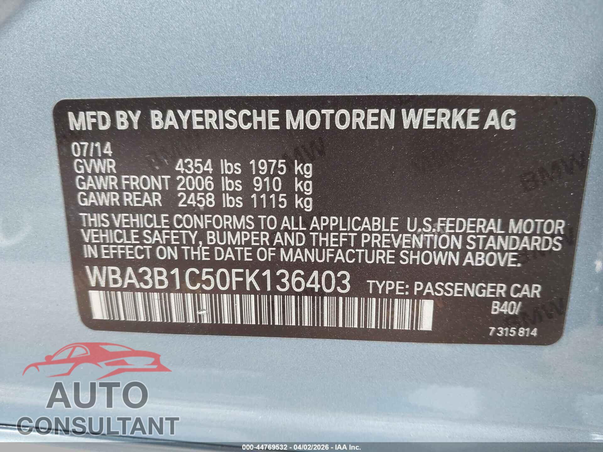 BMW 320I 2015 - WBA3B1C50FK136403