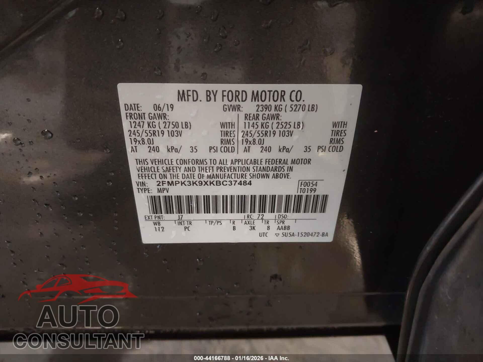 FORD EDGE 2019 - 2FMPK3K9XKBC37484
