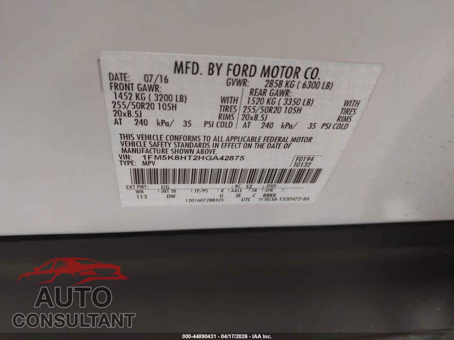 FORD EXPLORER 2017 - 1FM5K8HT2HGA42875