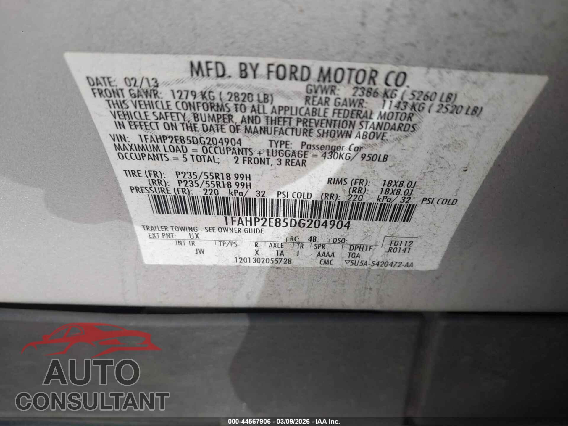 FORD TAURUS 2013 - 1FAHP2E85DG204904