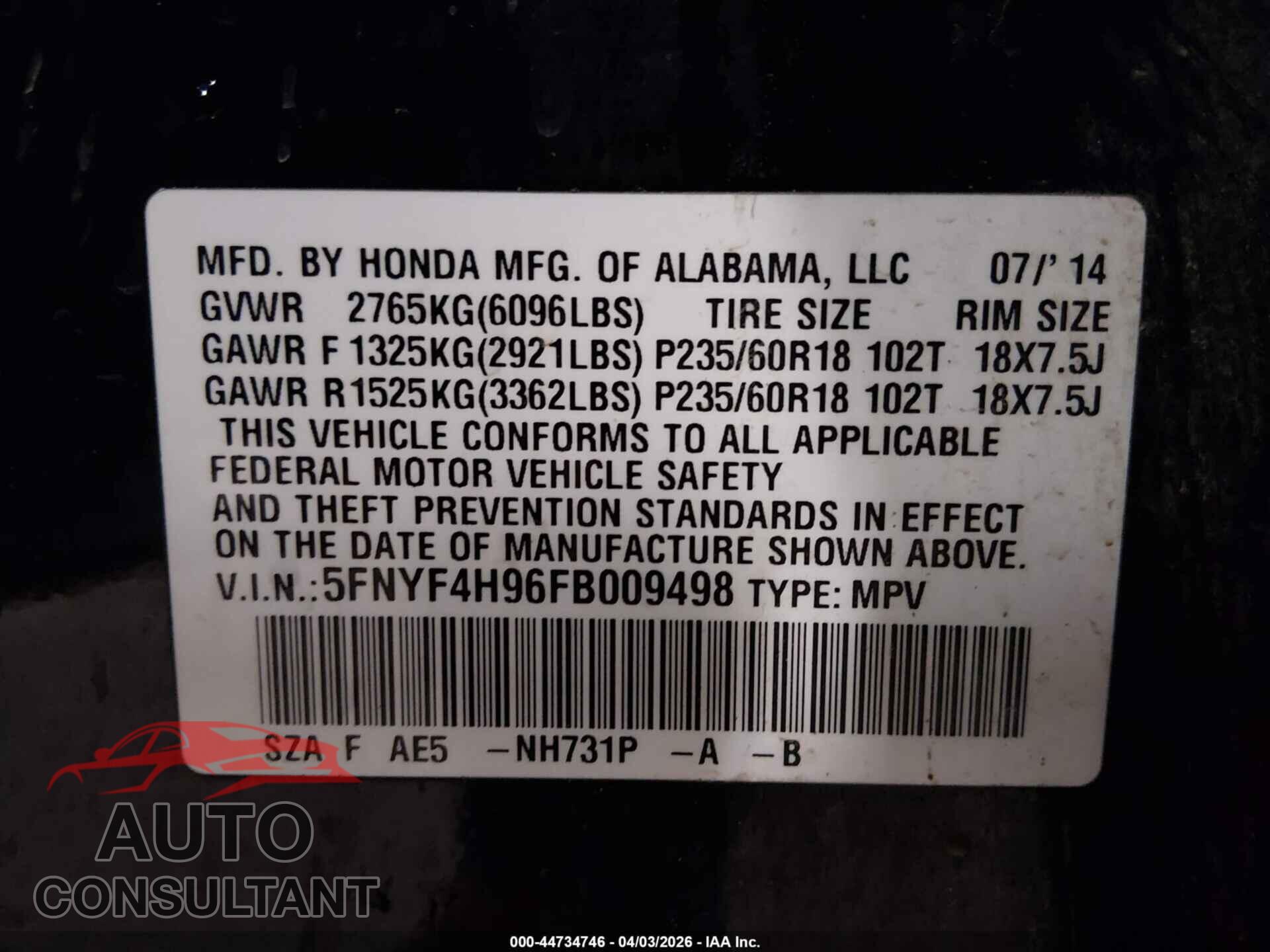 HONDA PILOT 2015 - 5FNYF4H96FB009498
