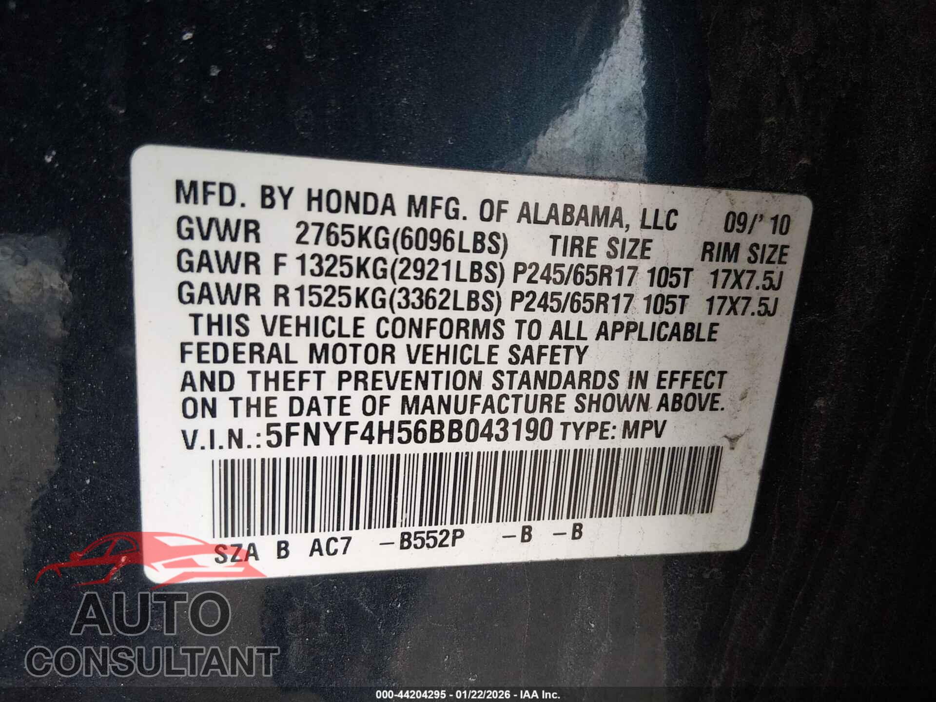 HONDA PILOT 2011 - 5FNYF4H56BB043190