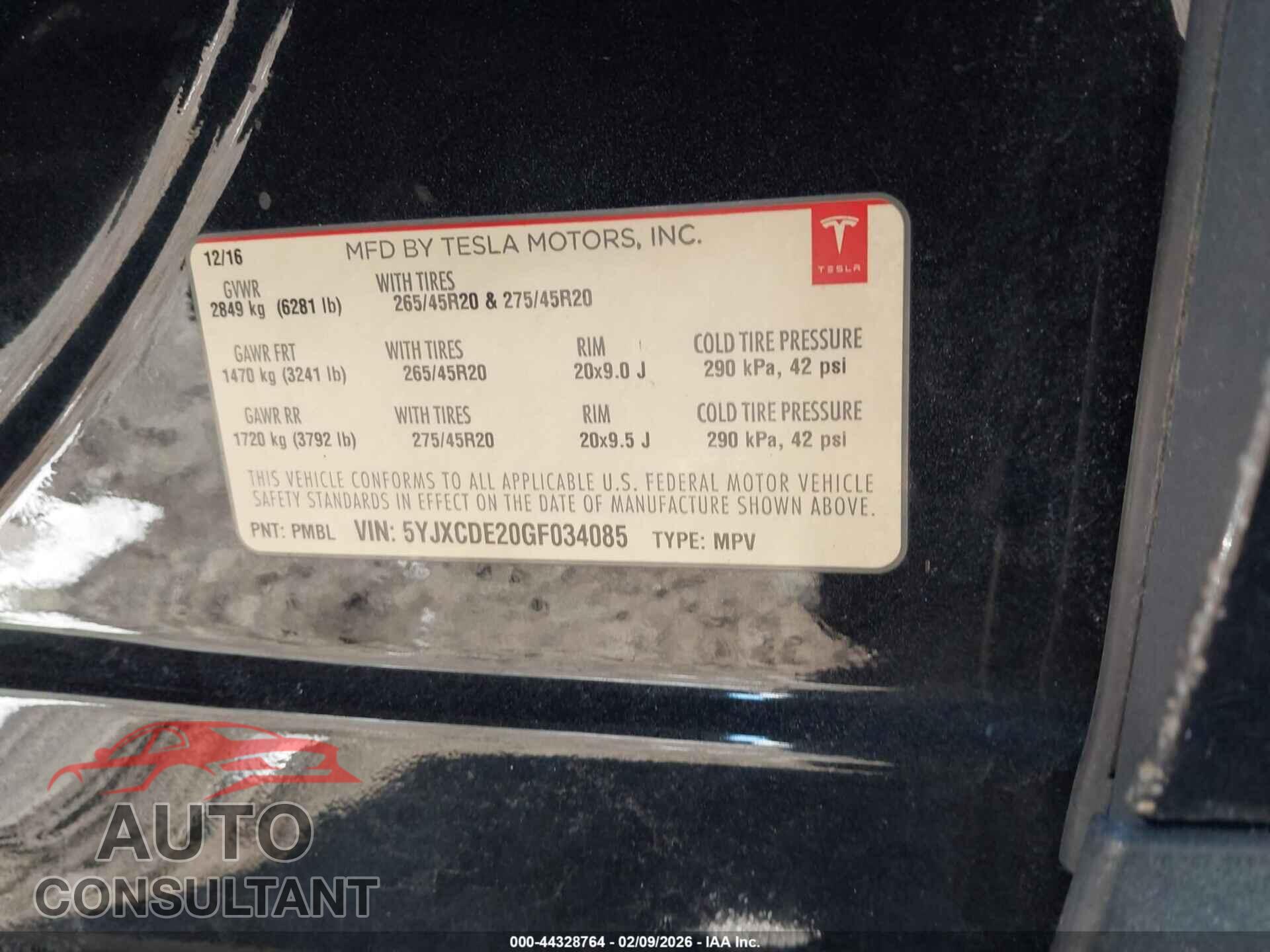 TESLA MODEL X 2016 - 5YJXCDE20GF034085
