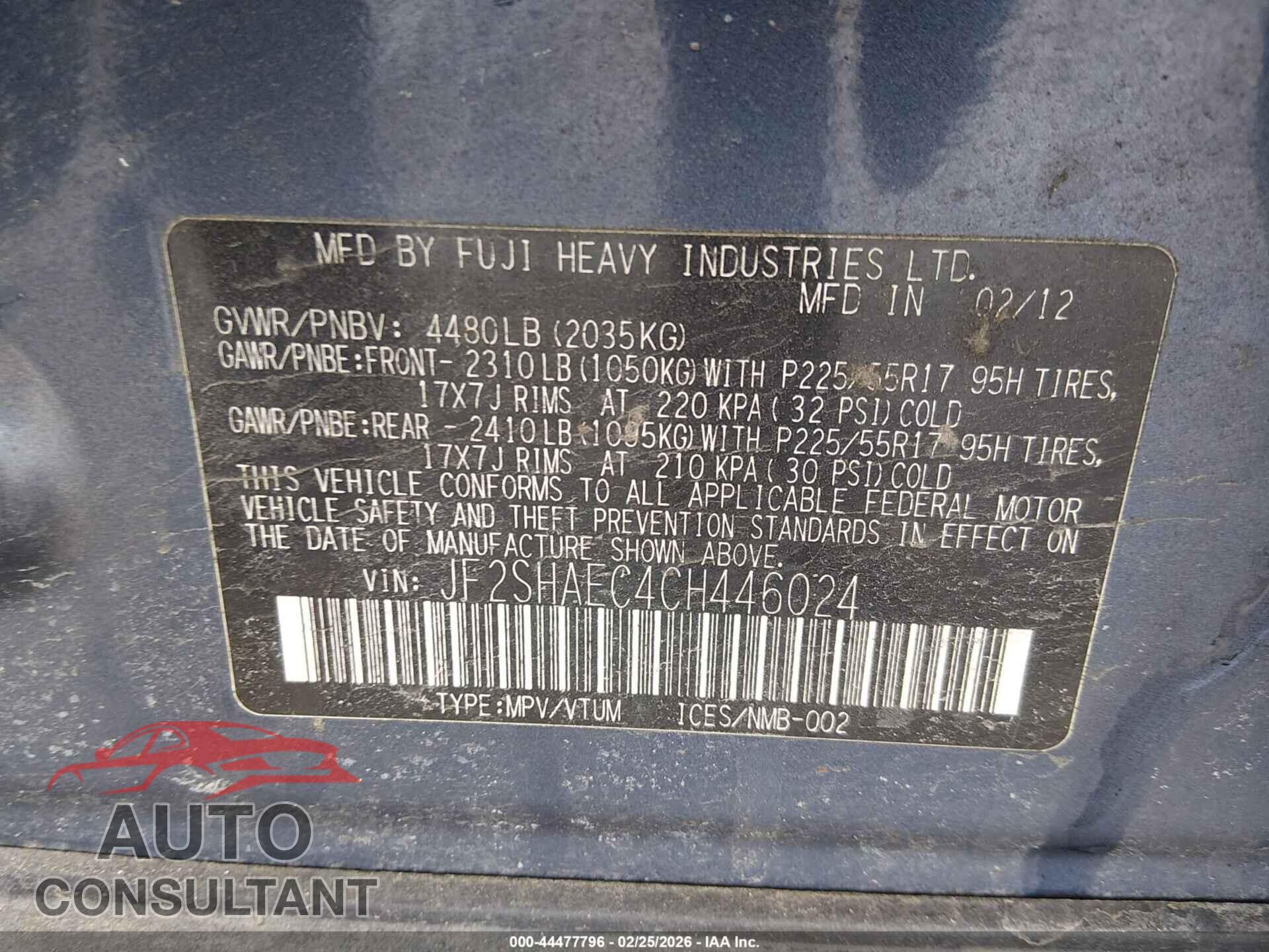 SUBARU FORESTER 2012 - JF2SHAEC4CH446024