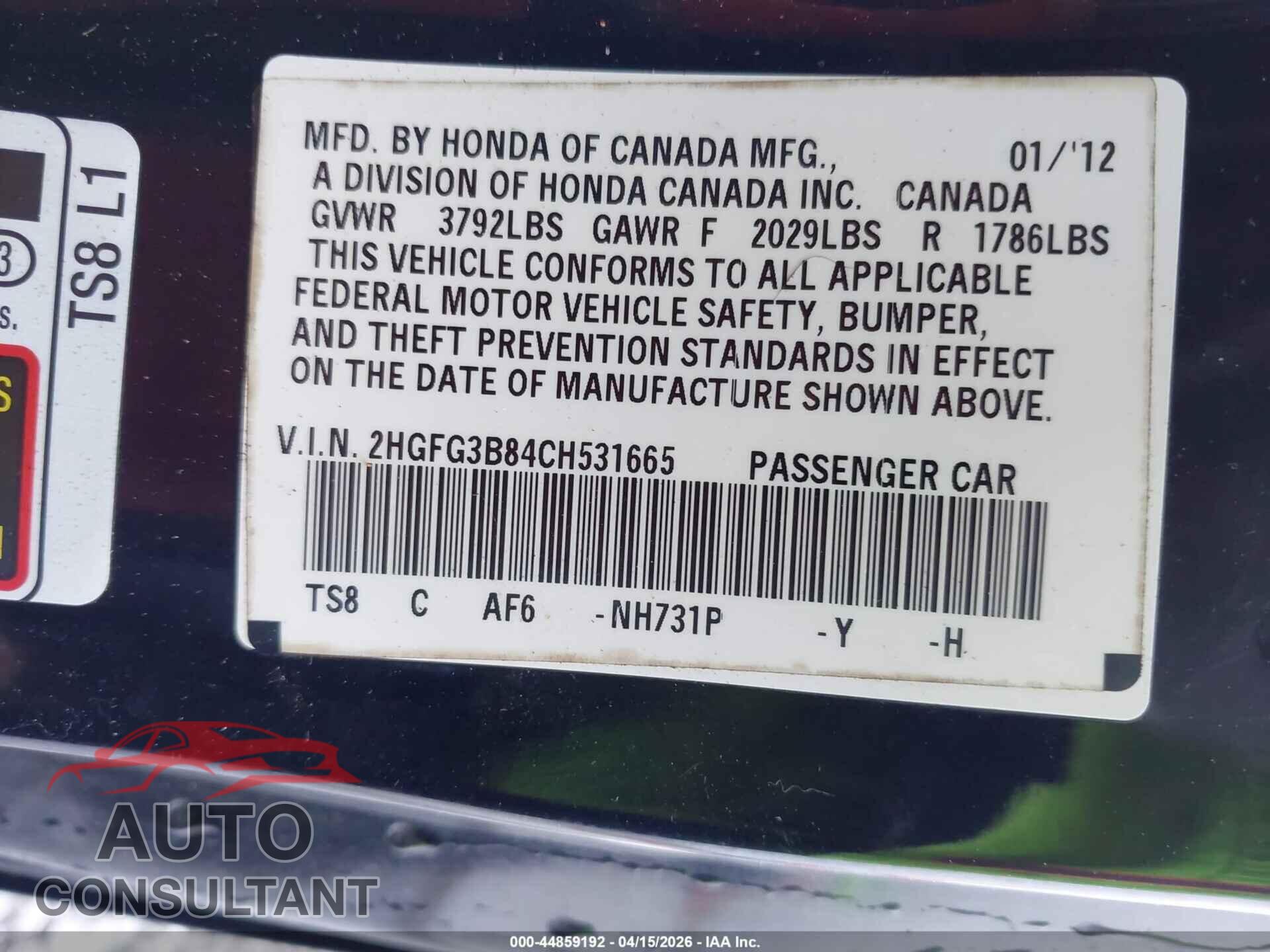 HONDA CIVIC 2012 - 2HGFG3B84CH531665