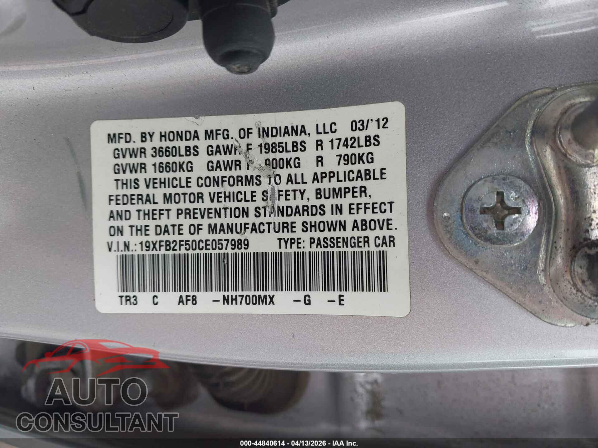 HONDA CIVIC 2012 - 19XFB2F50CE057989