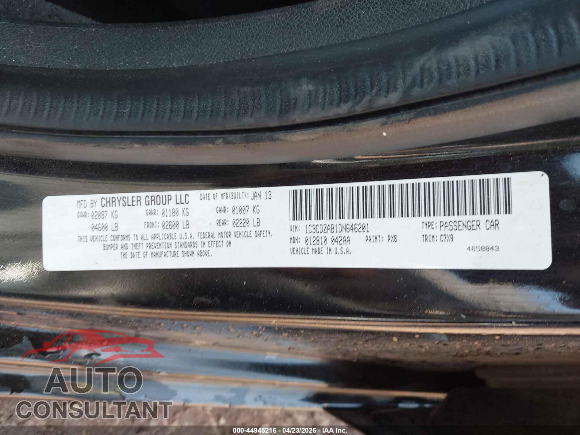 DODGE AVENGER 2013 - 1C3CDZAB1DN646201