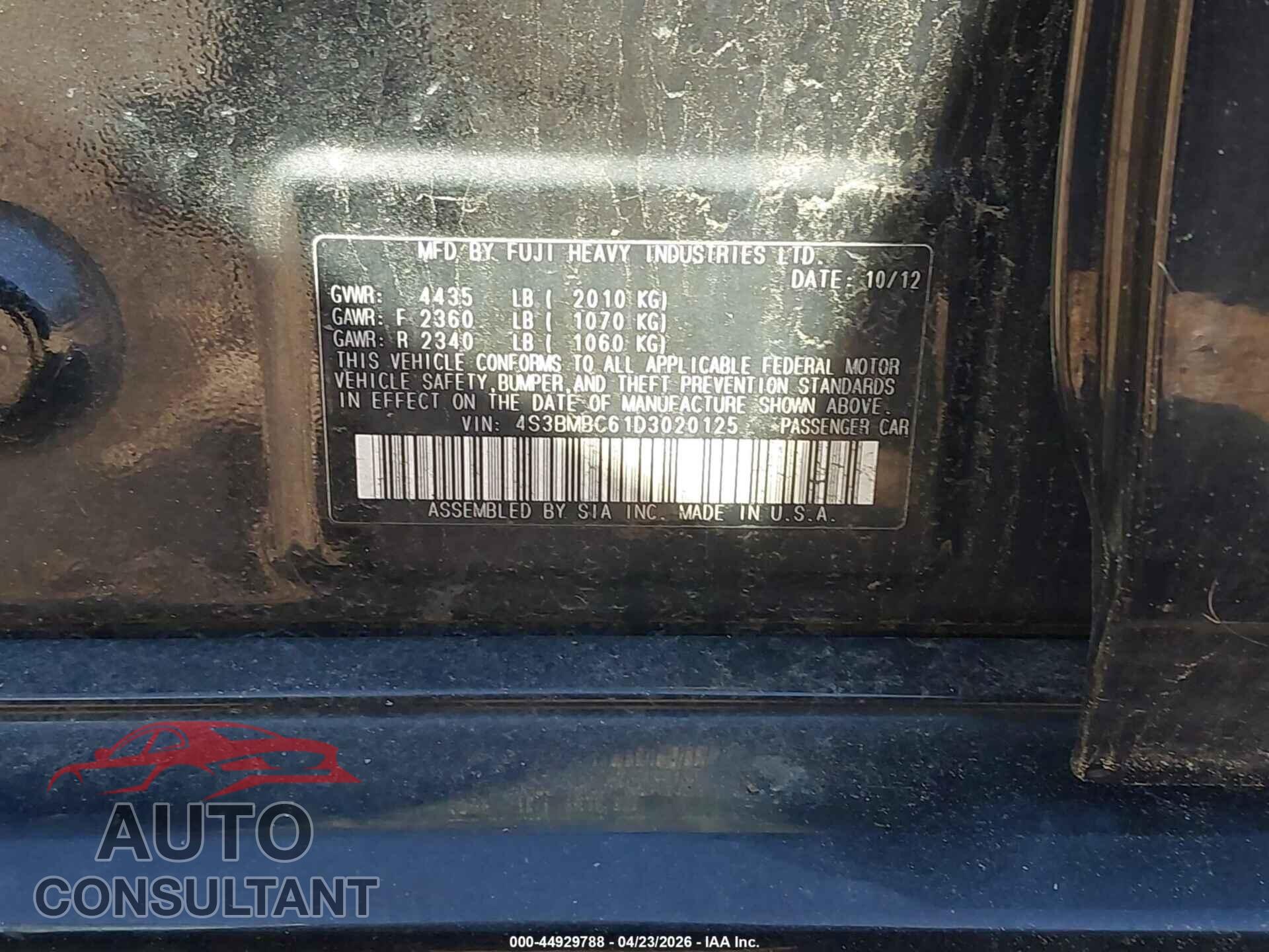 SUBARU LEGACY 2013 - 4S3BMBC61D3020125