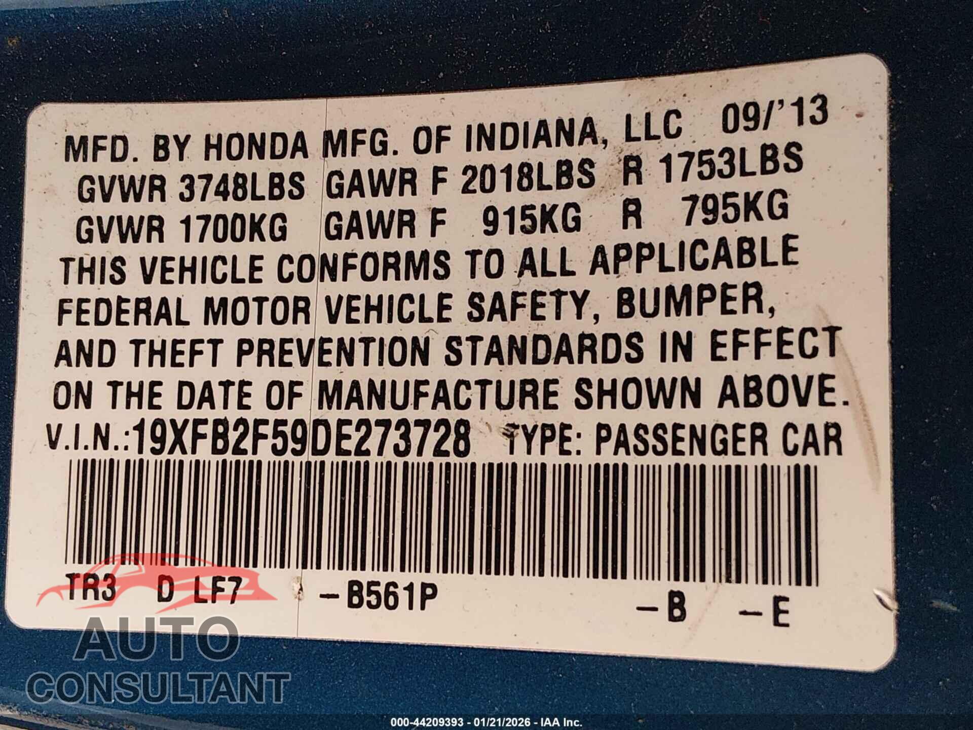 HONDA CIVIC 2013 - 19XFB2F59DE273728