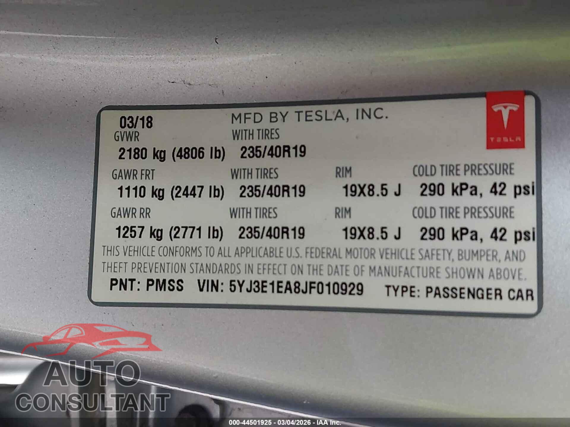 TESLA MODEL 3 2018 - 5YJ3E1EA8JF010929