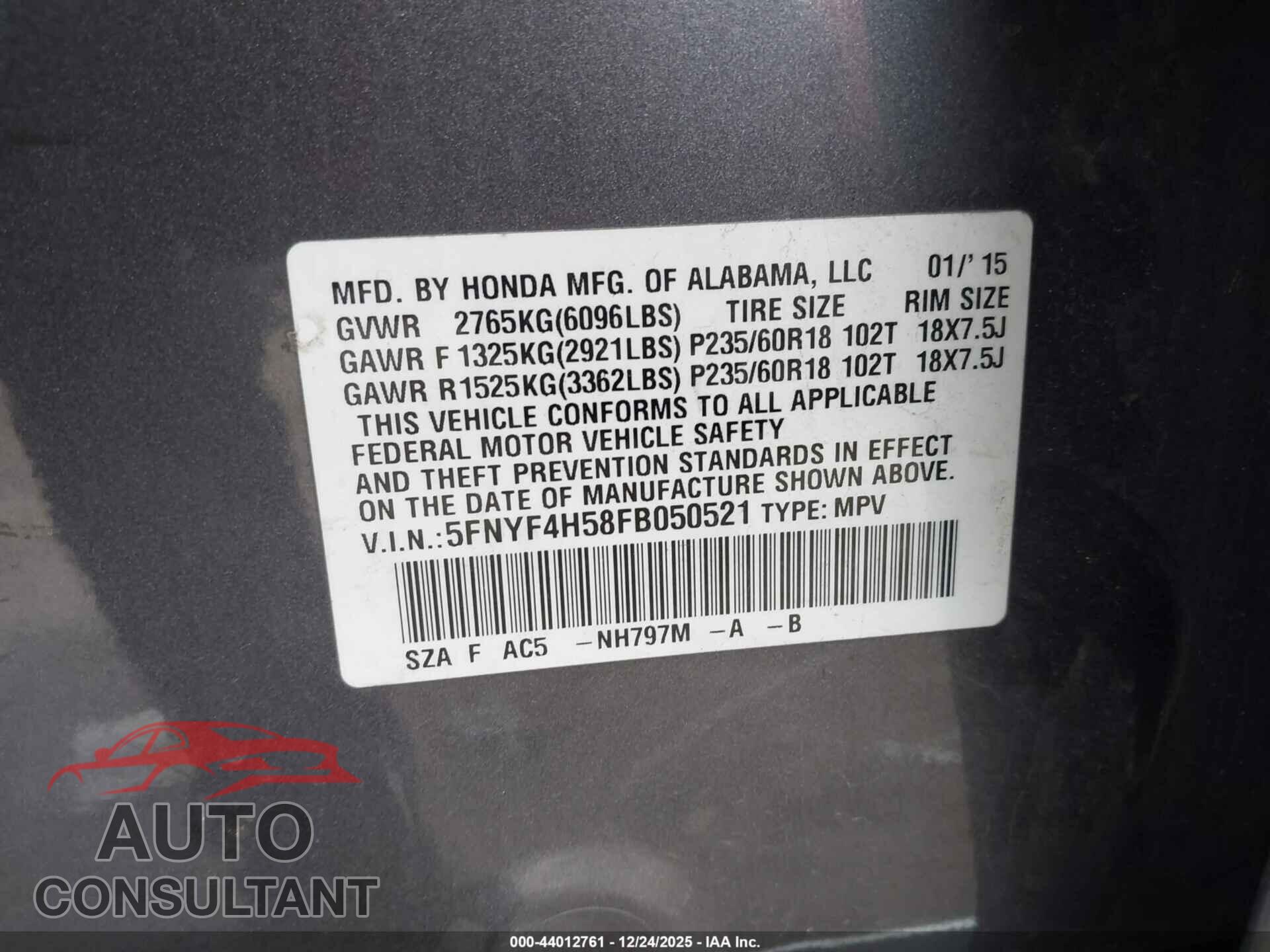 HONDA PILOT 2015 - 5FNYF4H58FB050521