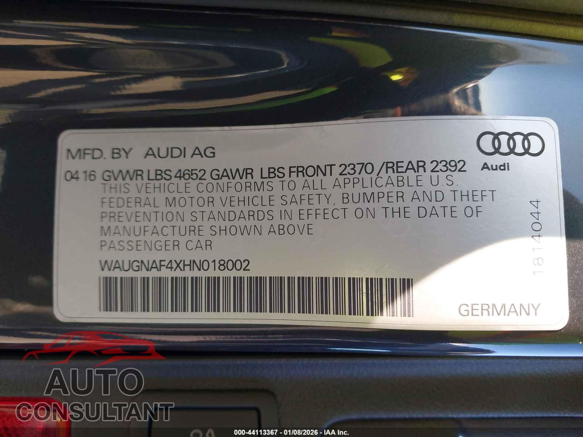 AUDI A4 2017 - WAUGNAF4XHN018002