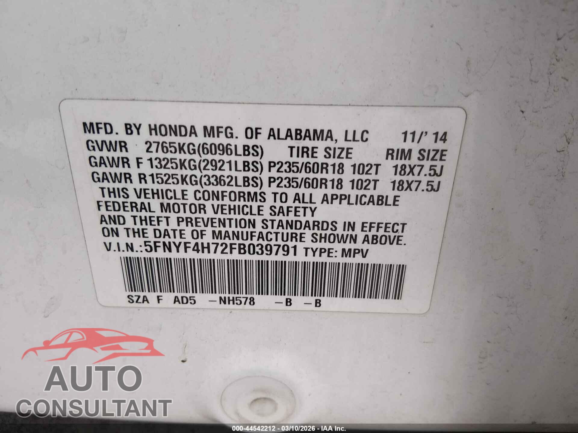 HONDA PILOT 2015 - 5FNYF4H72FB039791