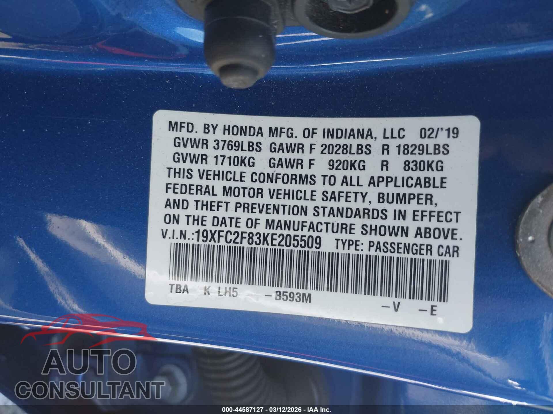 HONDA CIVIC 2019 - 19XFC2F83KE205509