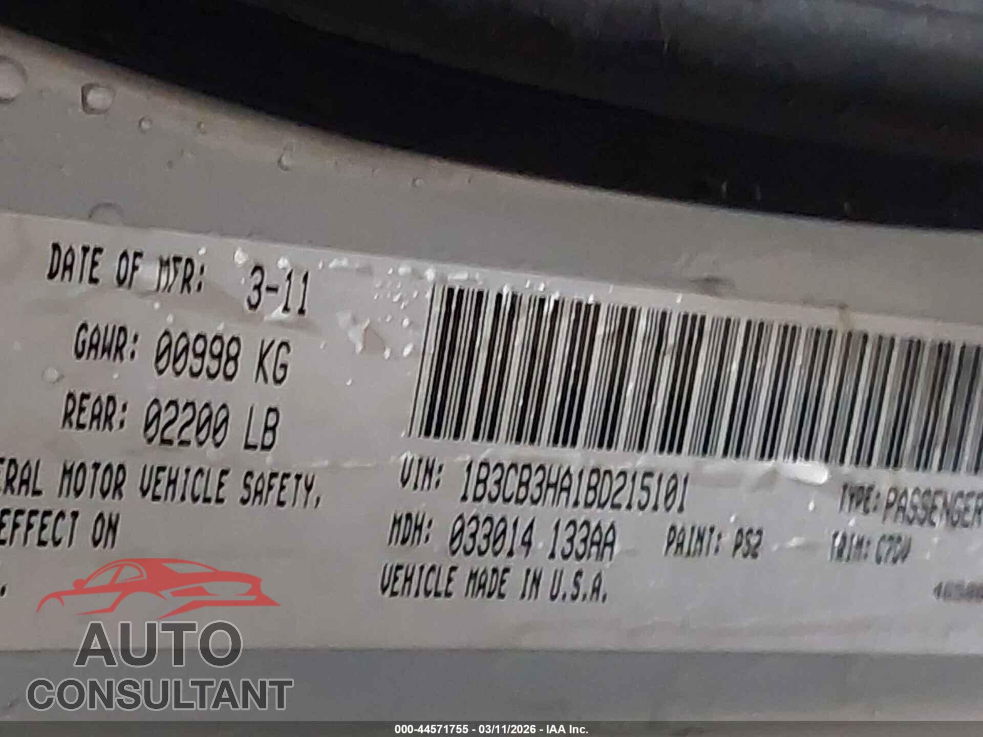 DODGE CALIBER 2011 - 1B3CB3HA1BD215101