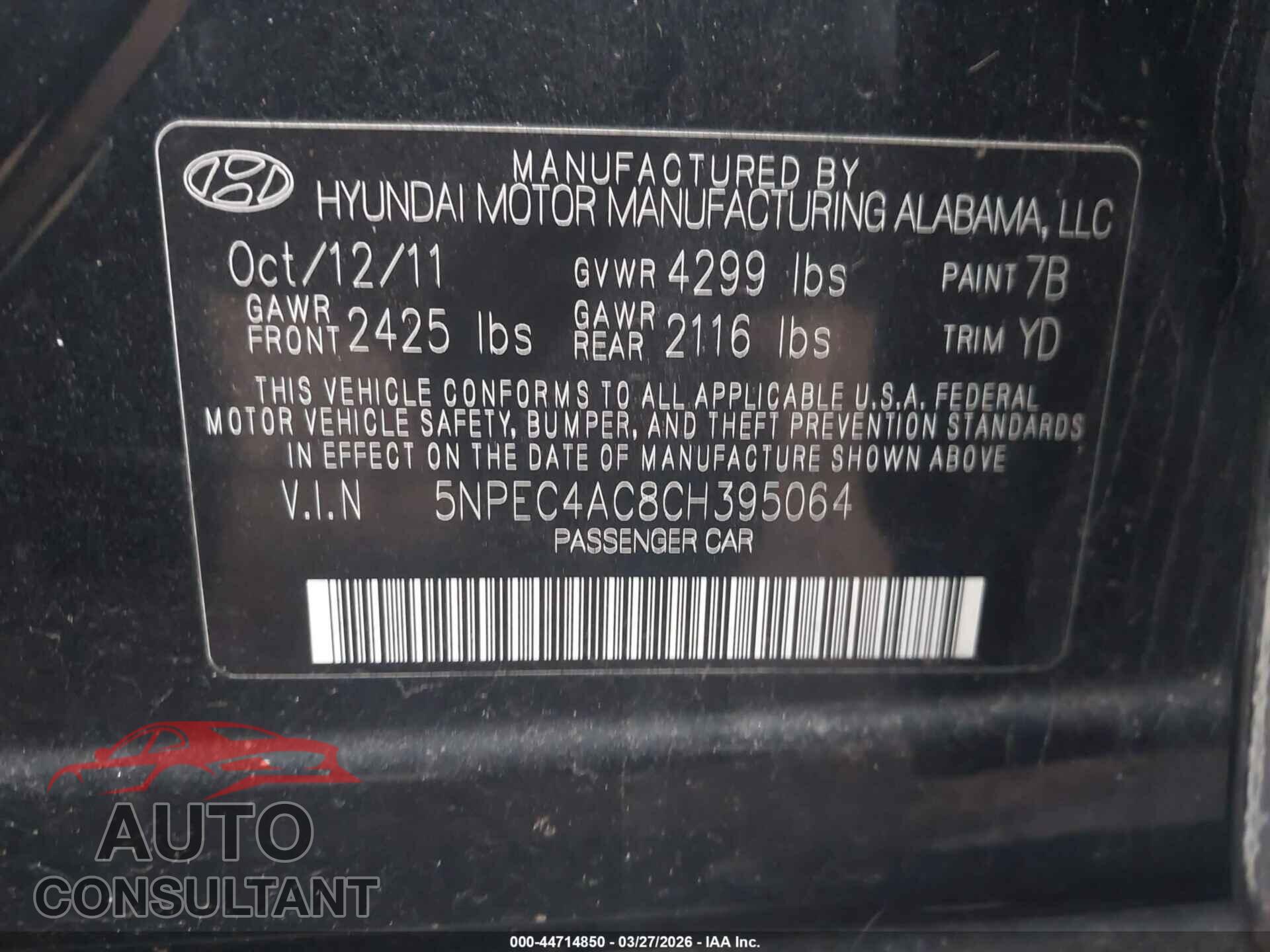 HYUNDAI SONATA 2012 - 5NPEC4AC8CH395064