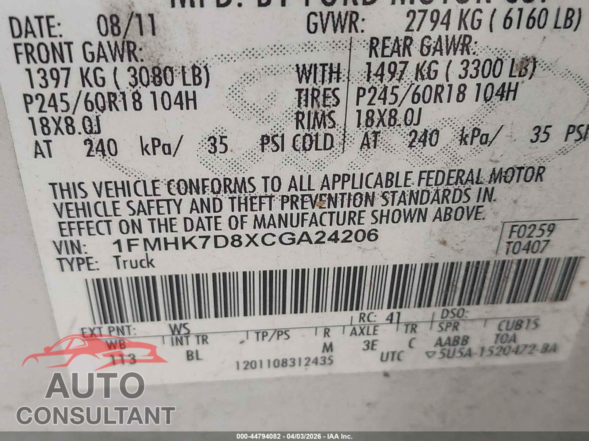 FORD EXPLORER 2012 - 1FMHK7D8XCGA24206