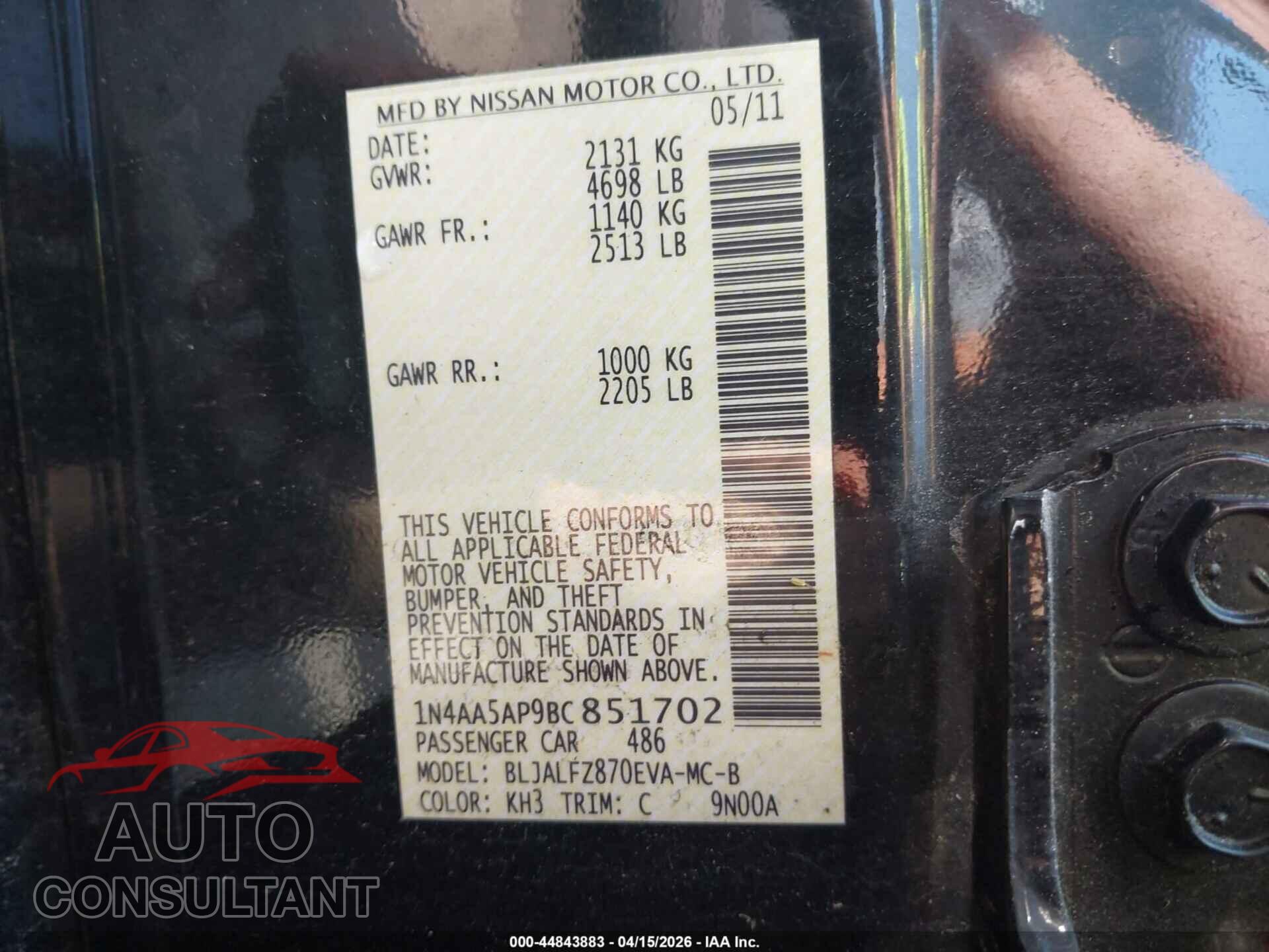 NISSAN MAXIMA 2011 - 1N4AA5AP9BC851702