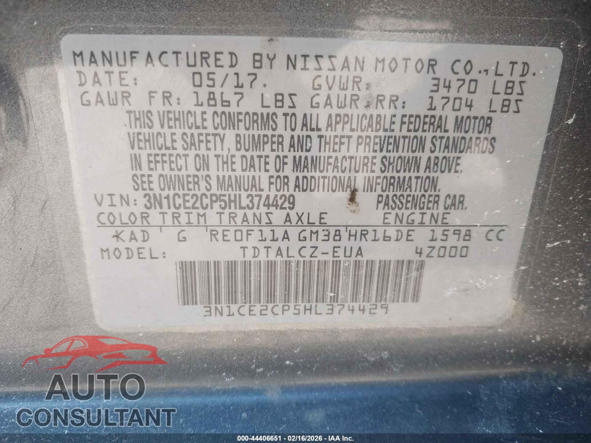 NISSAN VERSA NOTE 2017 - 3N1CE2CP5HL374429