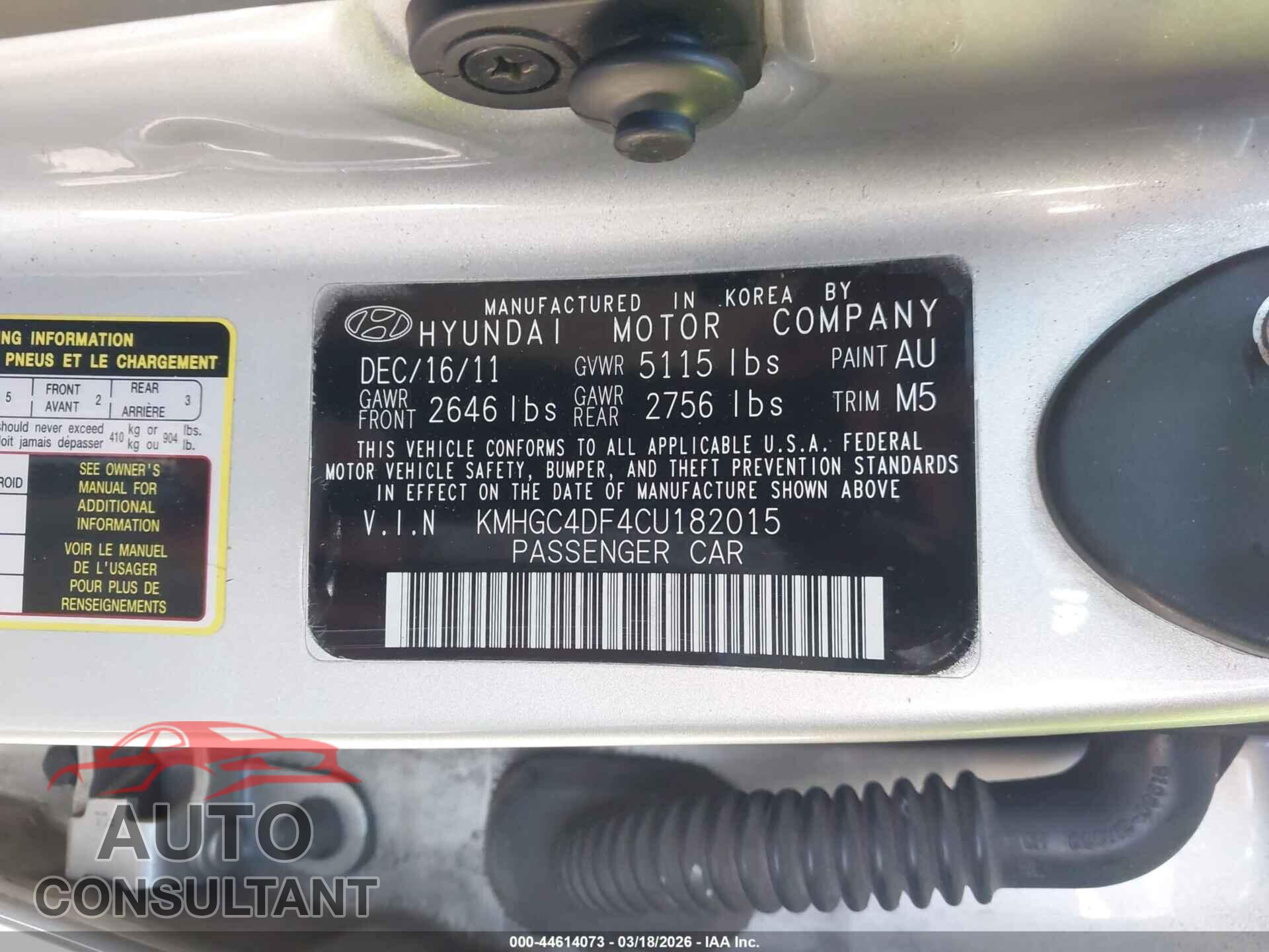 HYUNDAI GENESIS 2012 - KMHGC4DF4CU182015