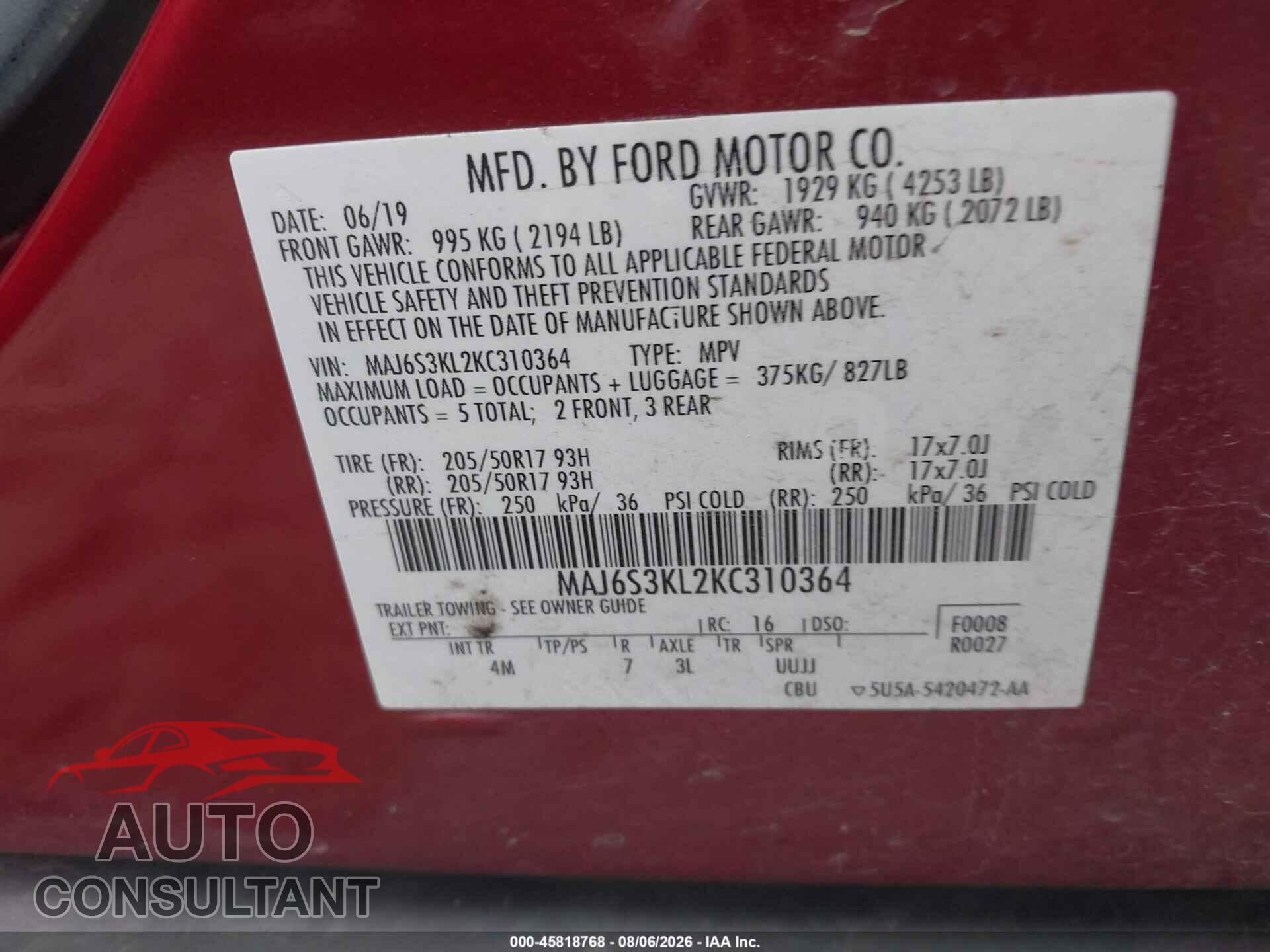 FORD ECOSPORT 2019 - MAJ6S3KL2KC310364