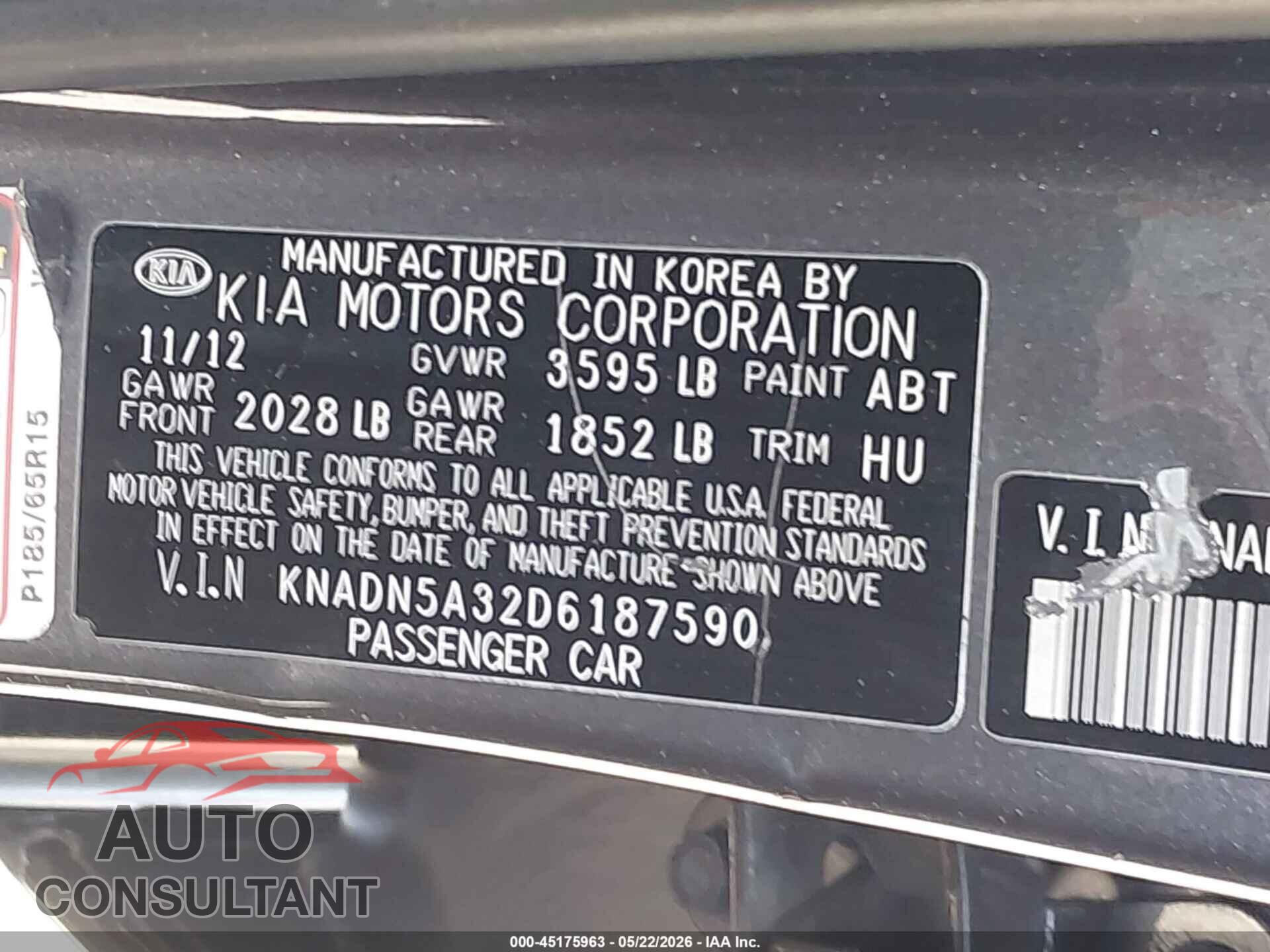 KIA RIO 2013 - KNADN5A32D6187590