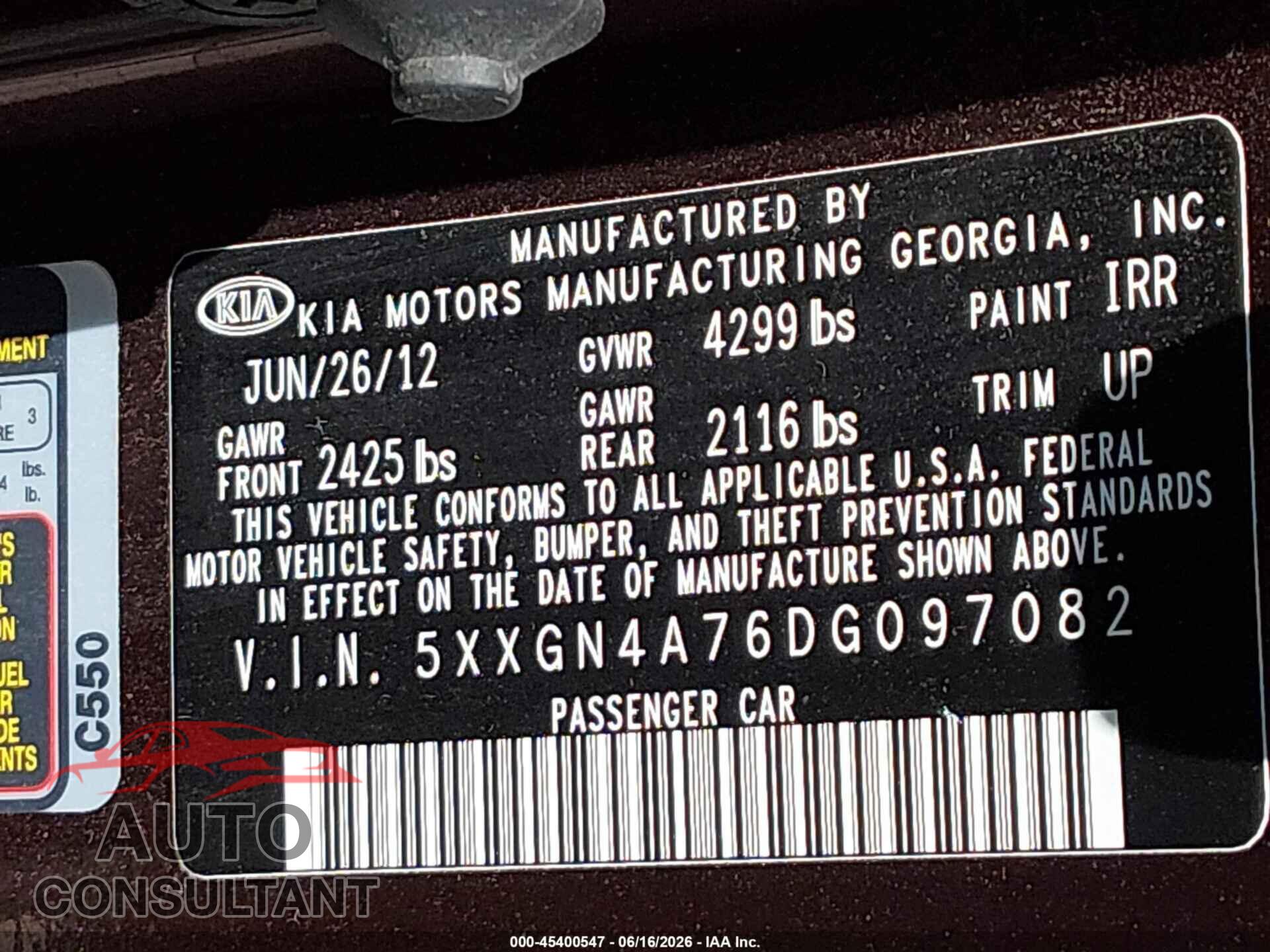 KIA OPTIMA 2013 - 5XXGN4A76DG097082