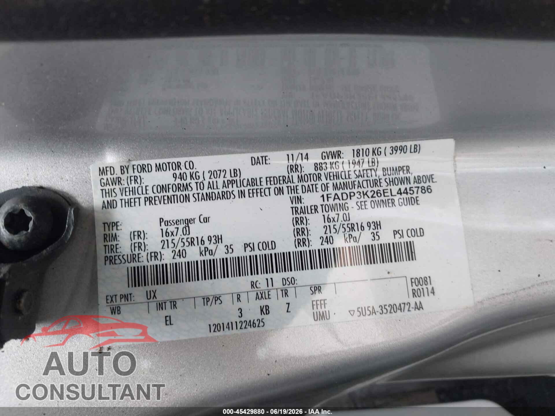 FORD FOCUS 2014 - 1FADP3K26EL445786