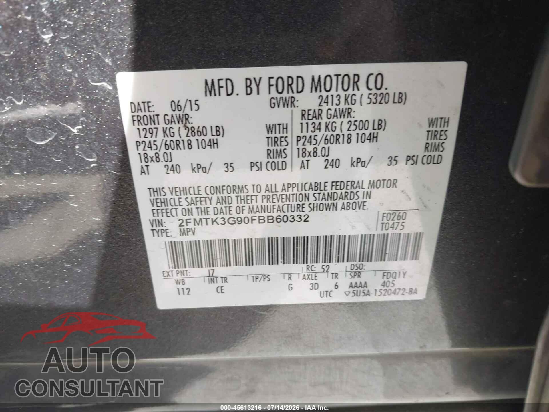 FORD EDGE 2015 - 2FMTK3G90FBB60332
