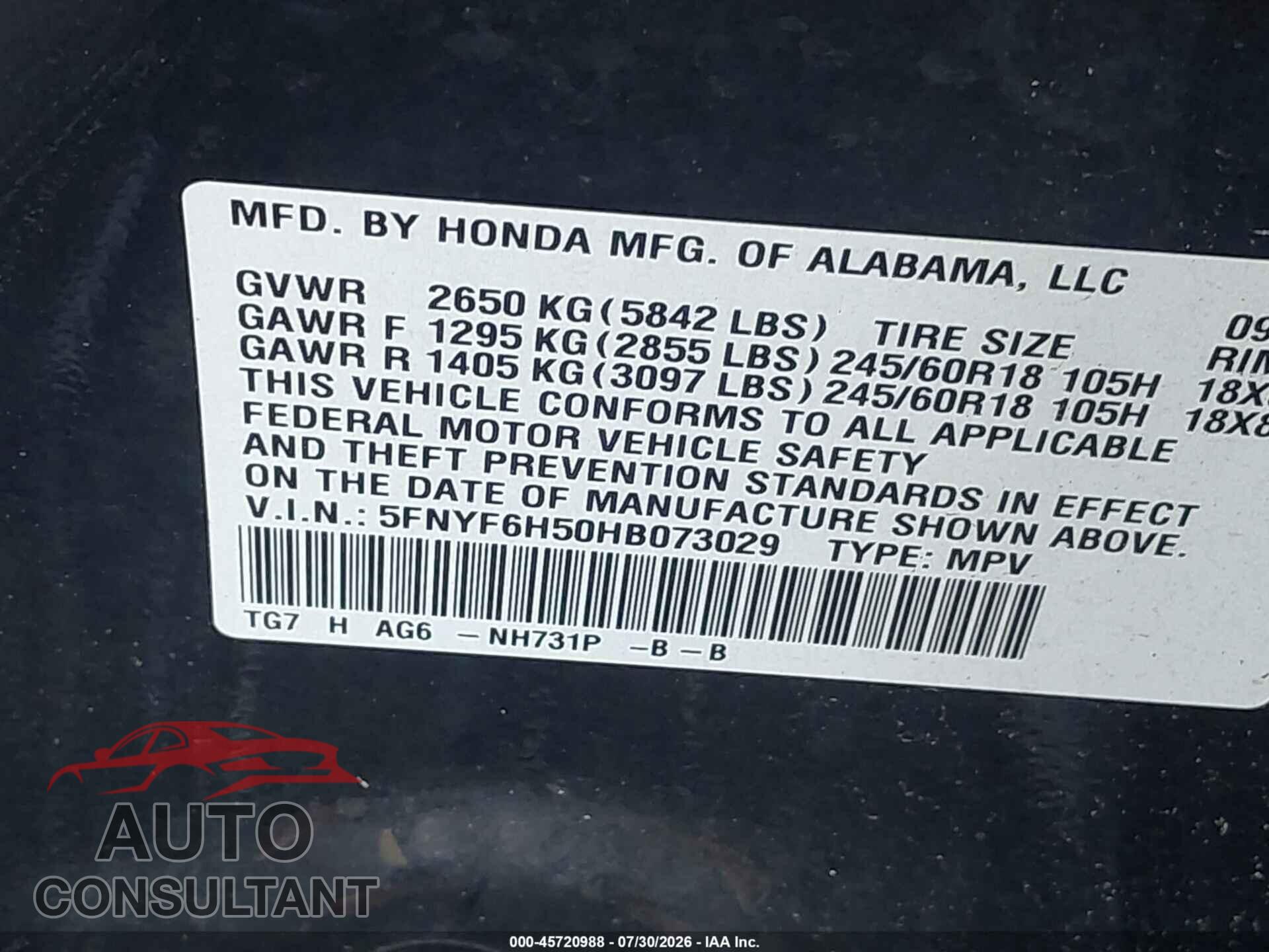 HONDA PILOT 2017 - 5FNYF6H50HB073029