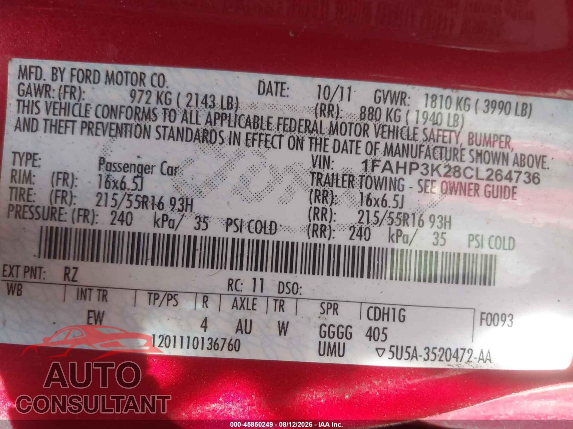 FORD FOCUS 2012 - 1FAHP3K28CL264736