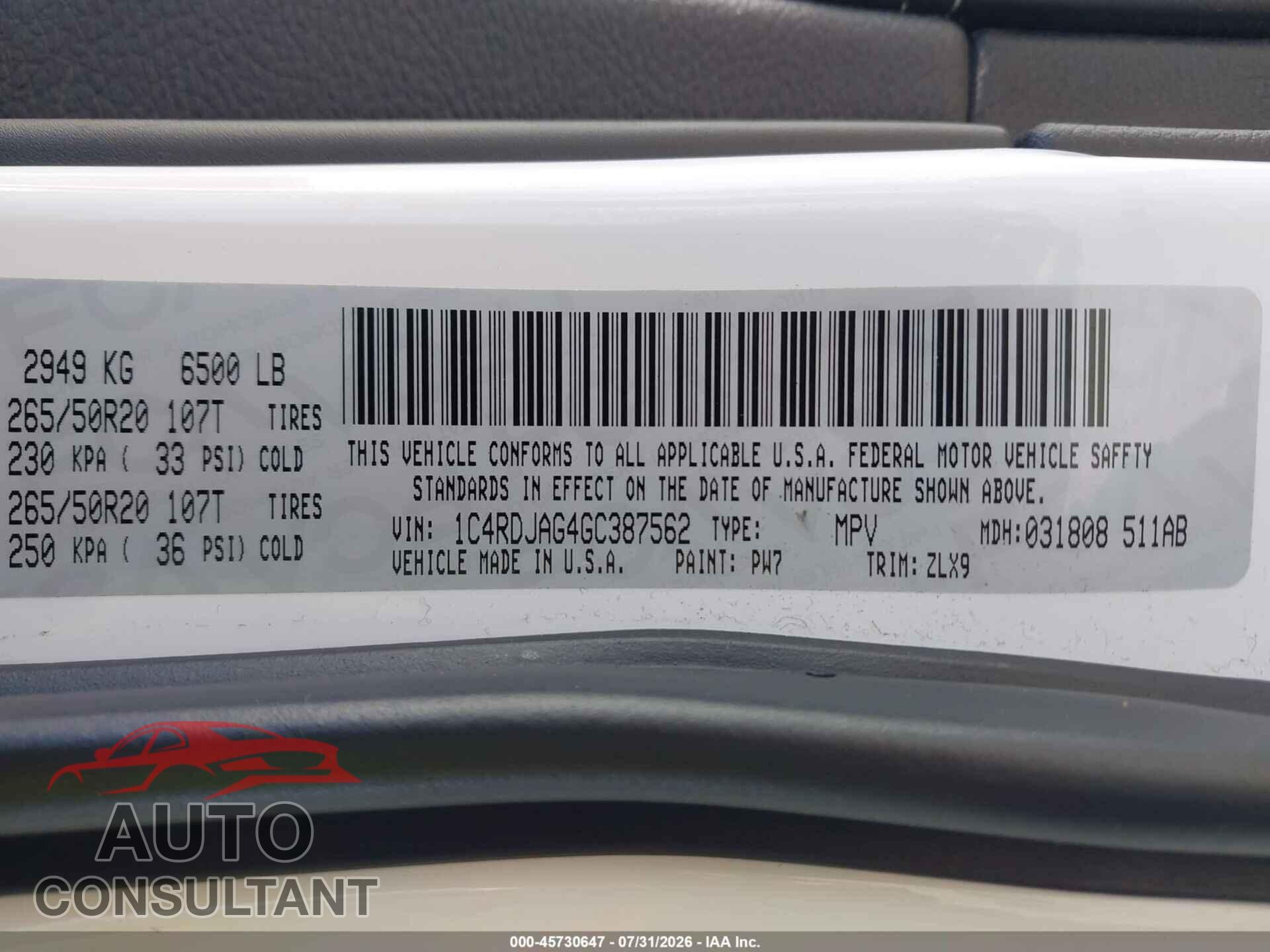DODGE DURANGO 2016 - 1C4RDJAG4GC387562