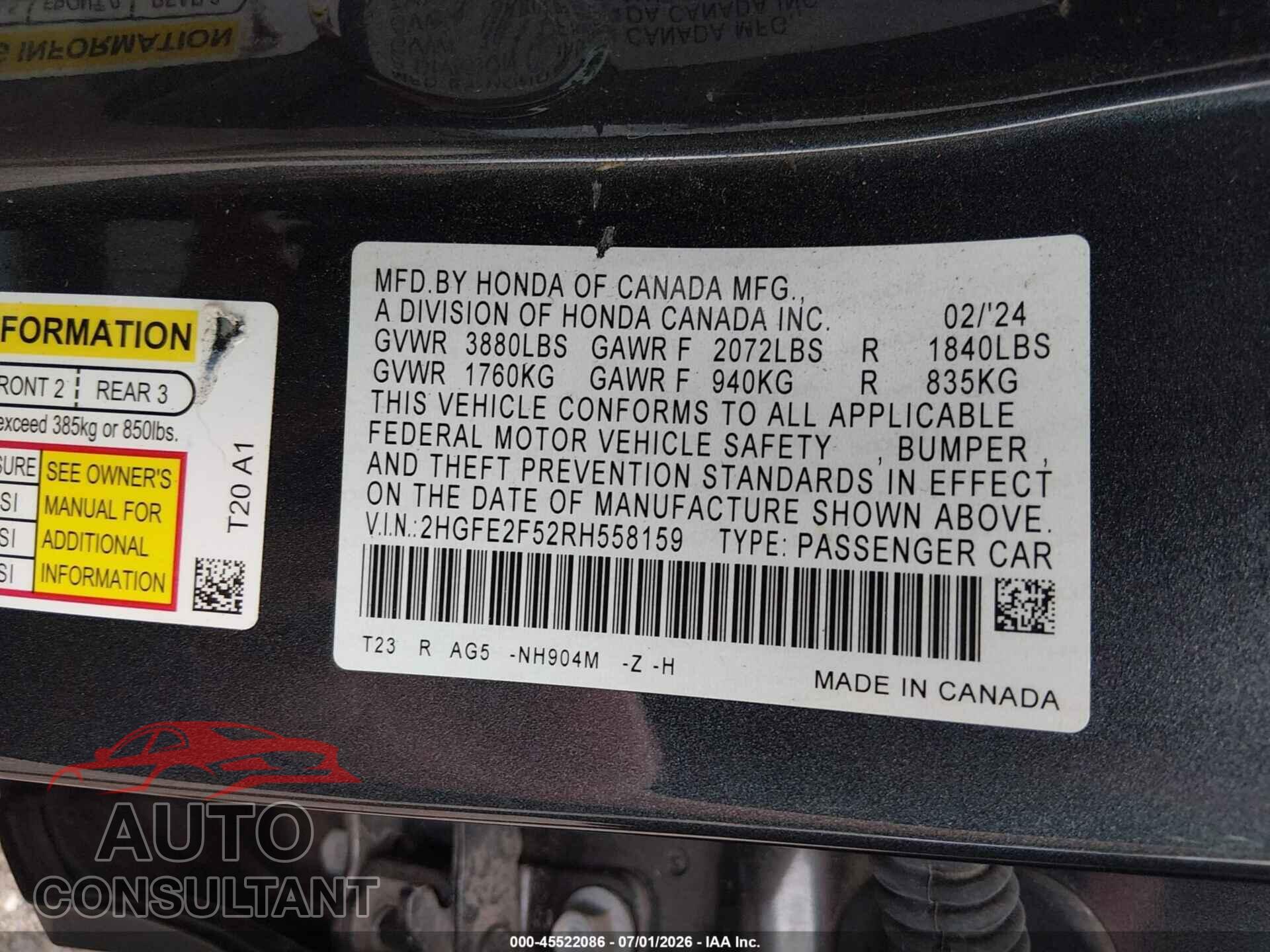 HONDA CIVIC 2024 - 2HGFE2F52RH558159