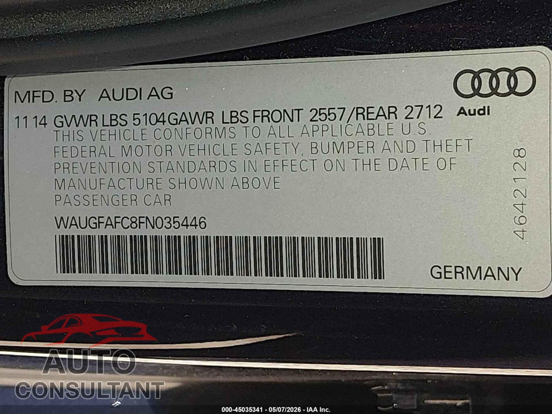 AUDI A6 2015 - WAUGFAFC8FN035446