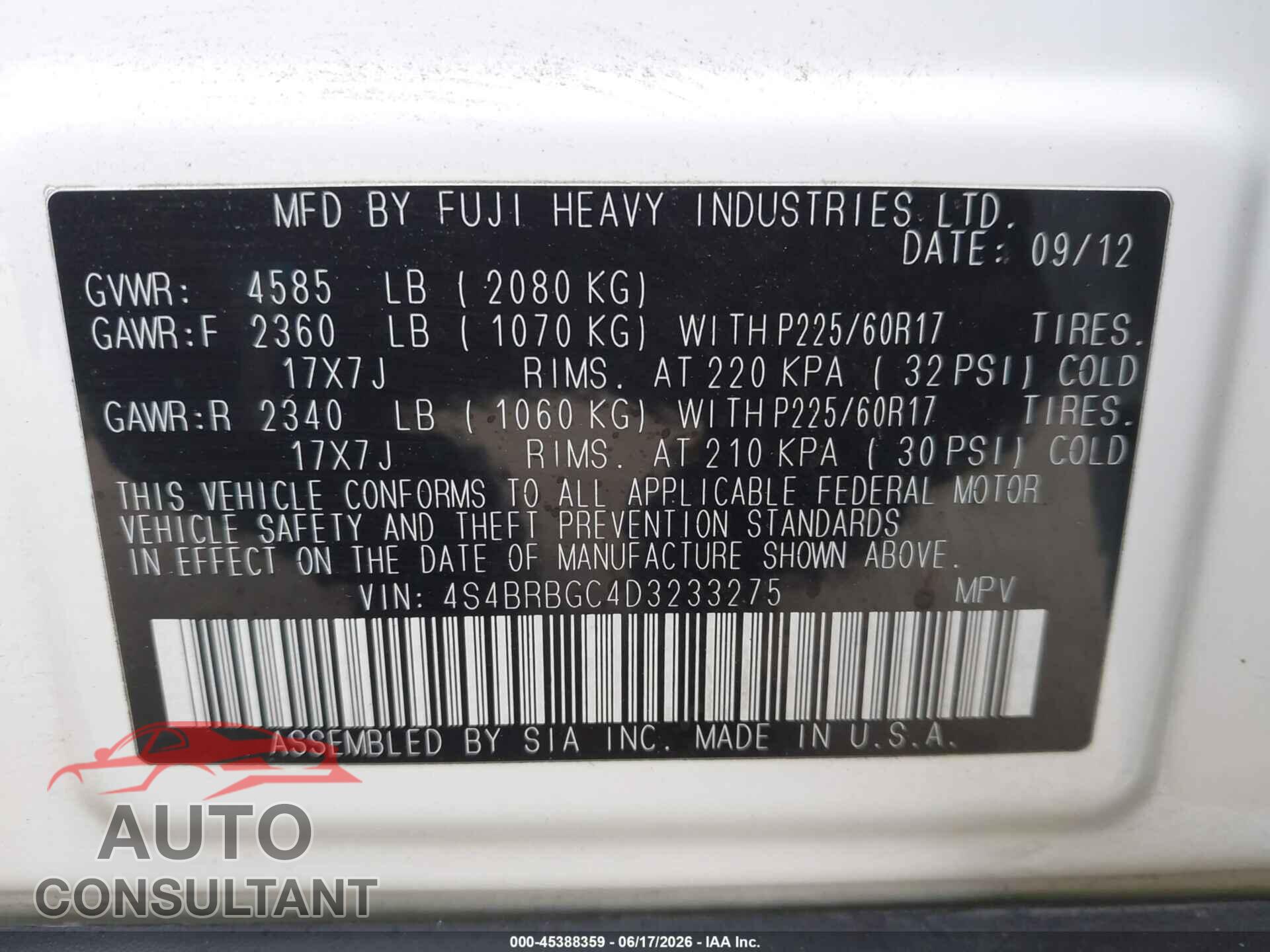 SUBARU OUTBACK 2013 - 4S4BRBGC4D3233275